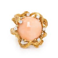 CORAL, DIAMOND, AND YELLOW GOLD RING