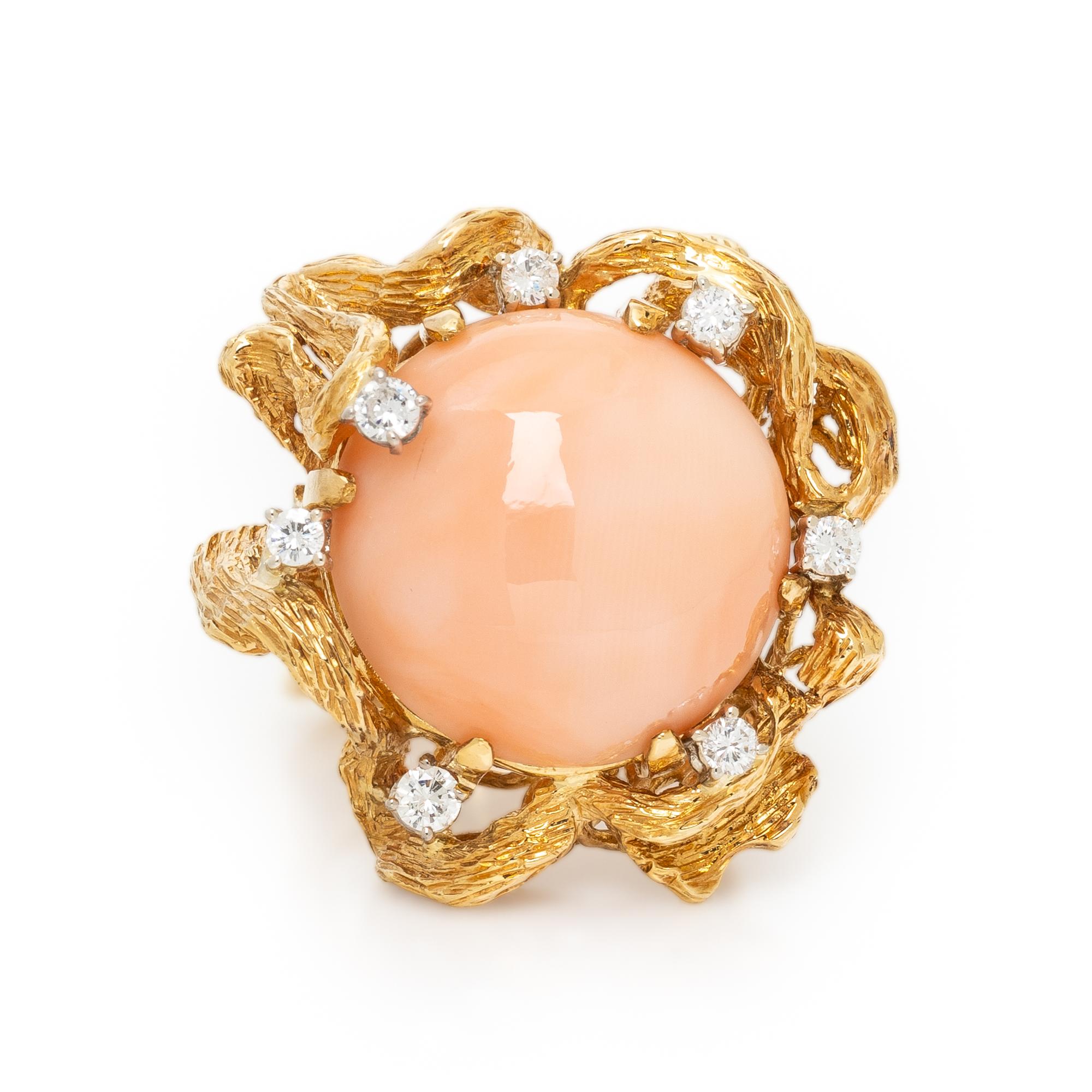 CORAL, DIAMOND, AND YELLOW GOLD RING