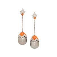 CULTURED TAHITIAN PEARL, CORAL AND DIAMOND EARCLIPS