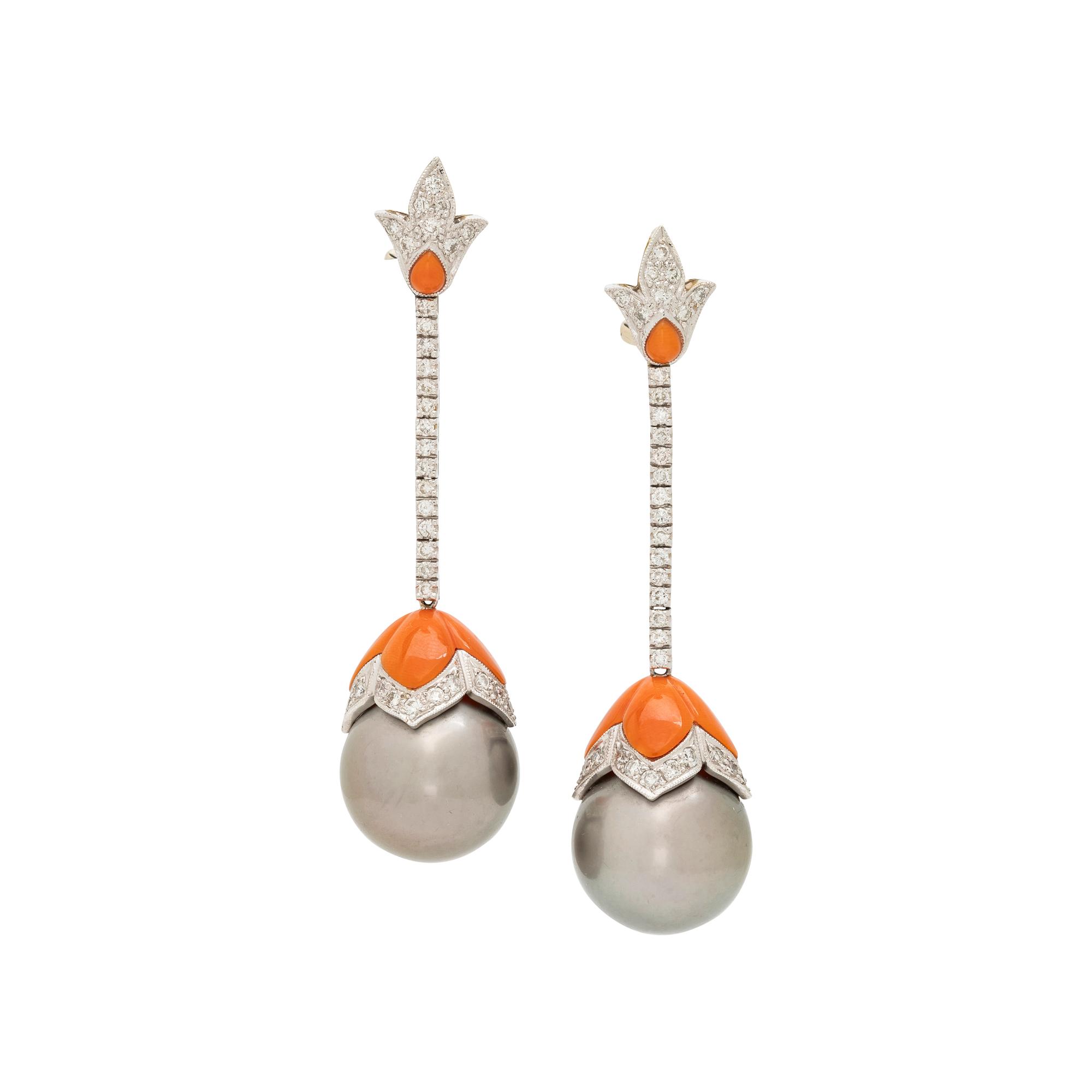 CULTURED TAHITIAN PEARL, CORAL AND DIAMOND EARCLIPS