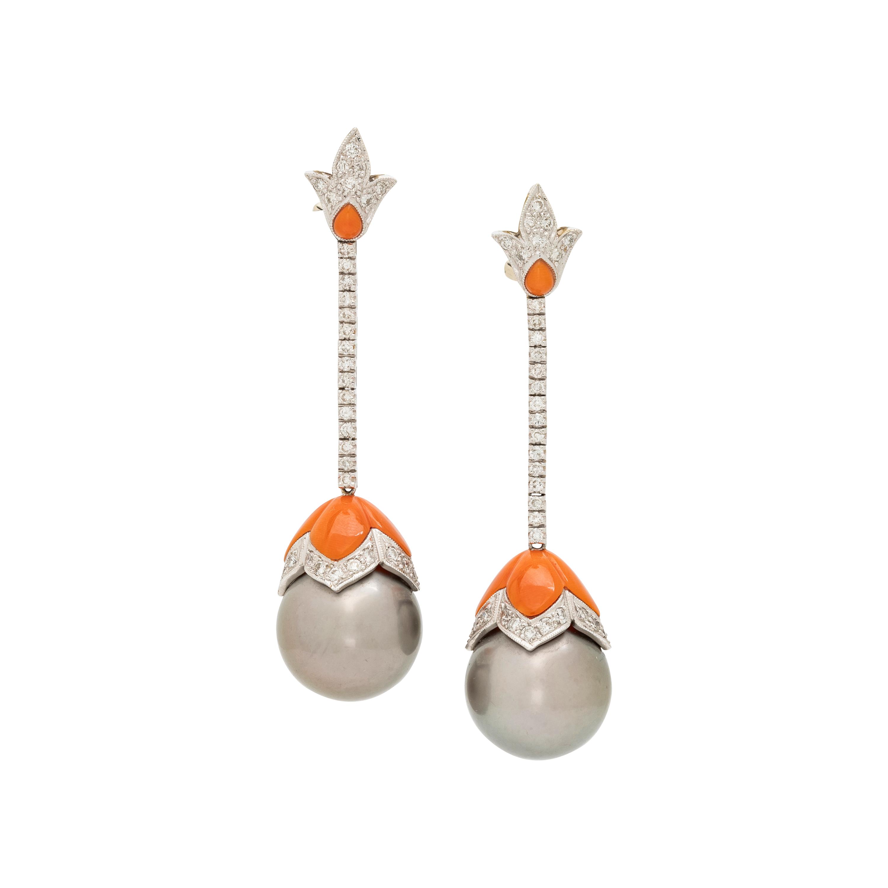 CULTURED TAHITIAN PEARL, CORAL AND DIAMOND EARCLIPS