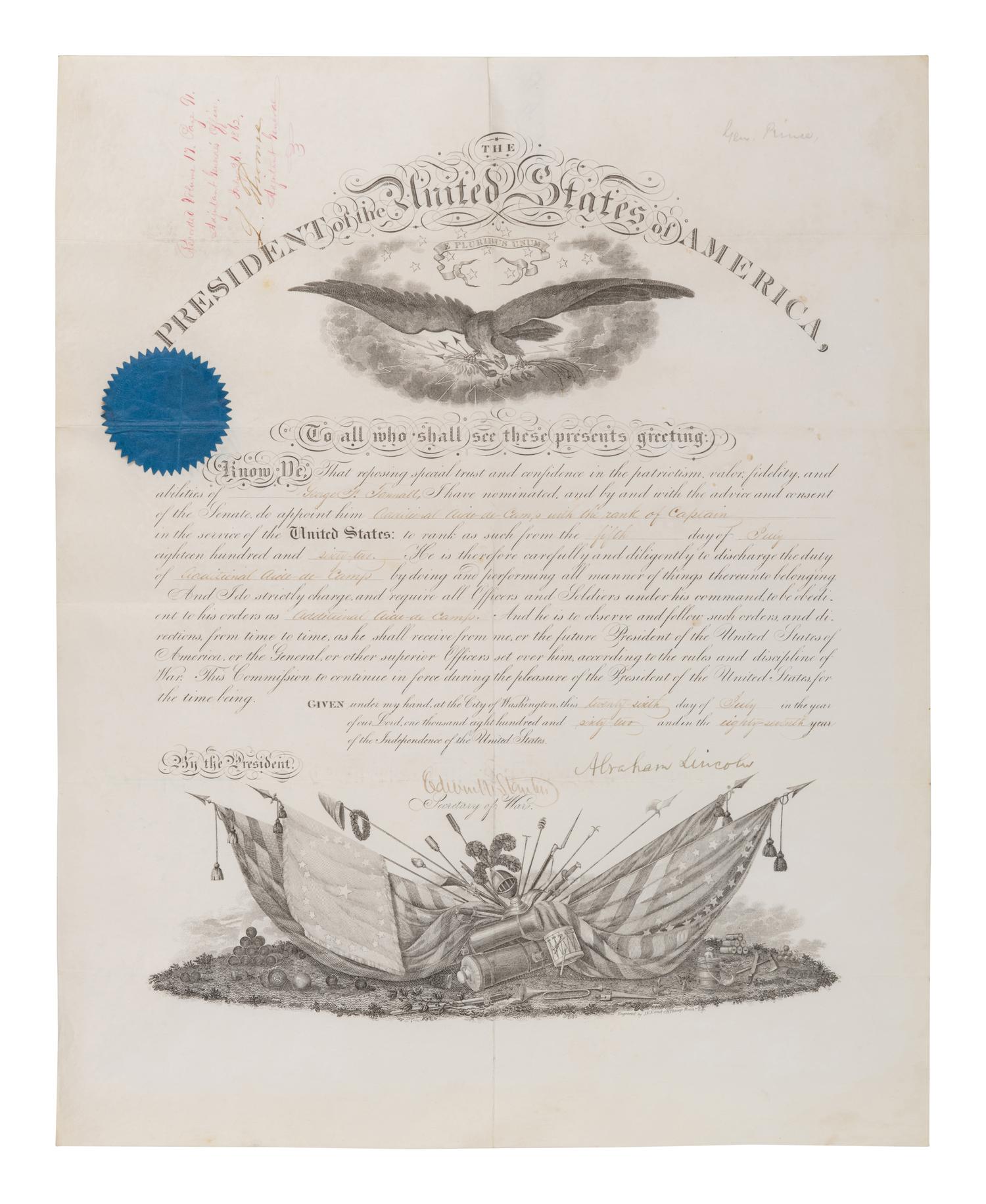 LINCOLN, Abraham (1809-1865). Partially engraved document signed ("Abraham Lincoln"), as President, City of Washington, 26 July 1862, countersigned by Edwin STANTON (1814-1869), as Secretary of War.