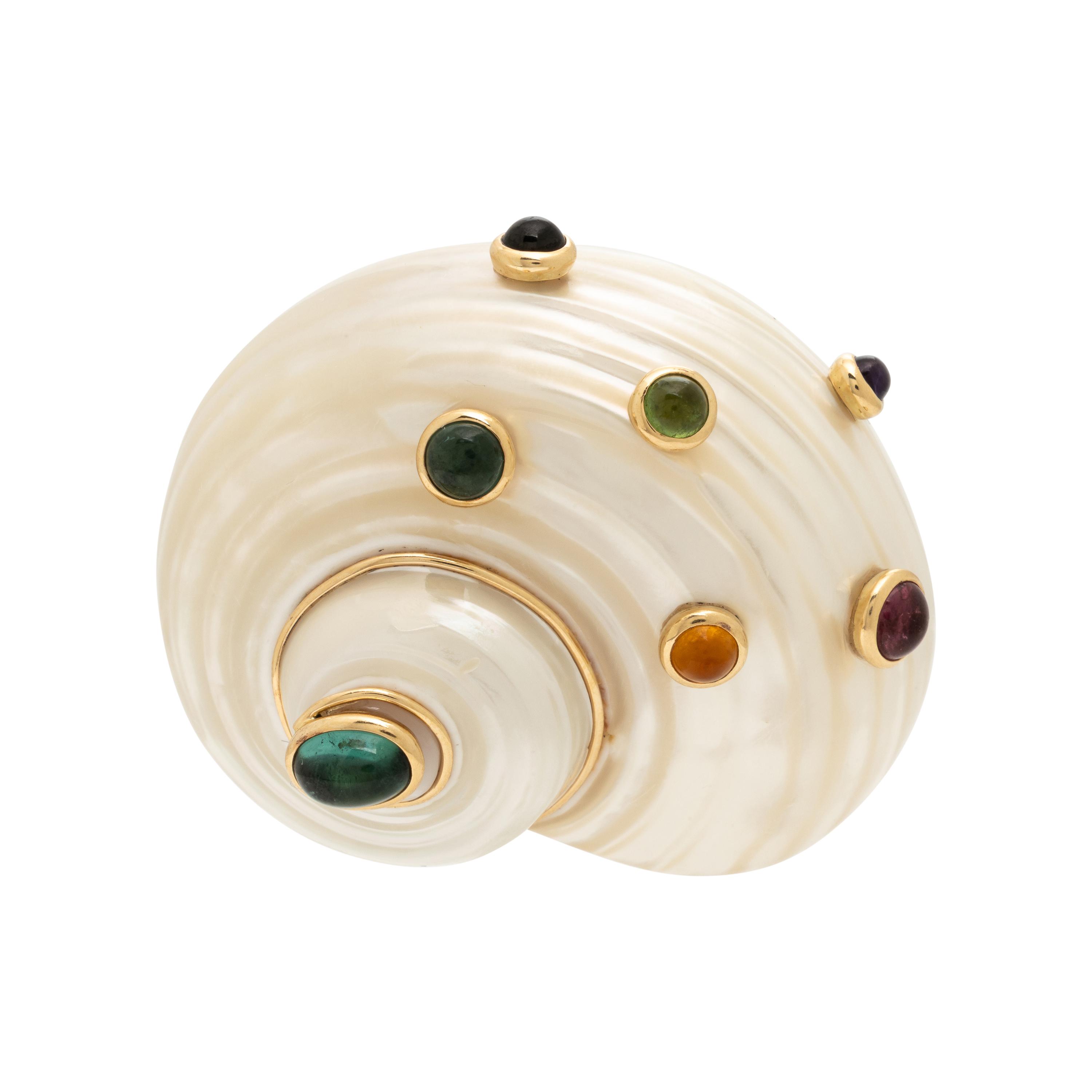 Turbo Shell, Multigem, and Yellow Gold Brooch