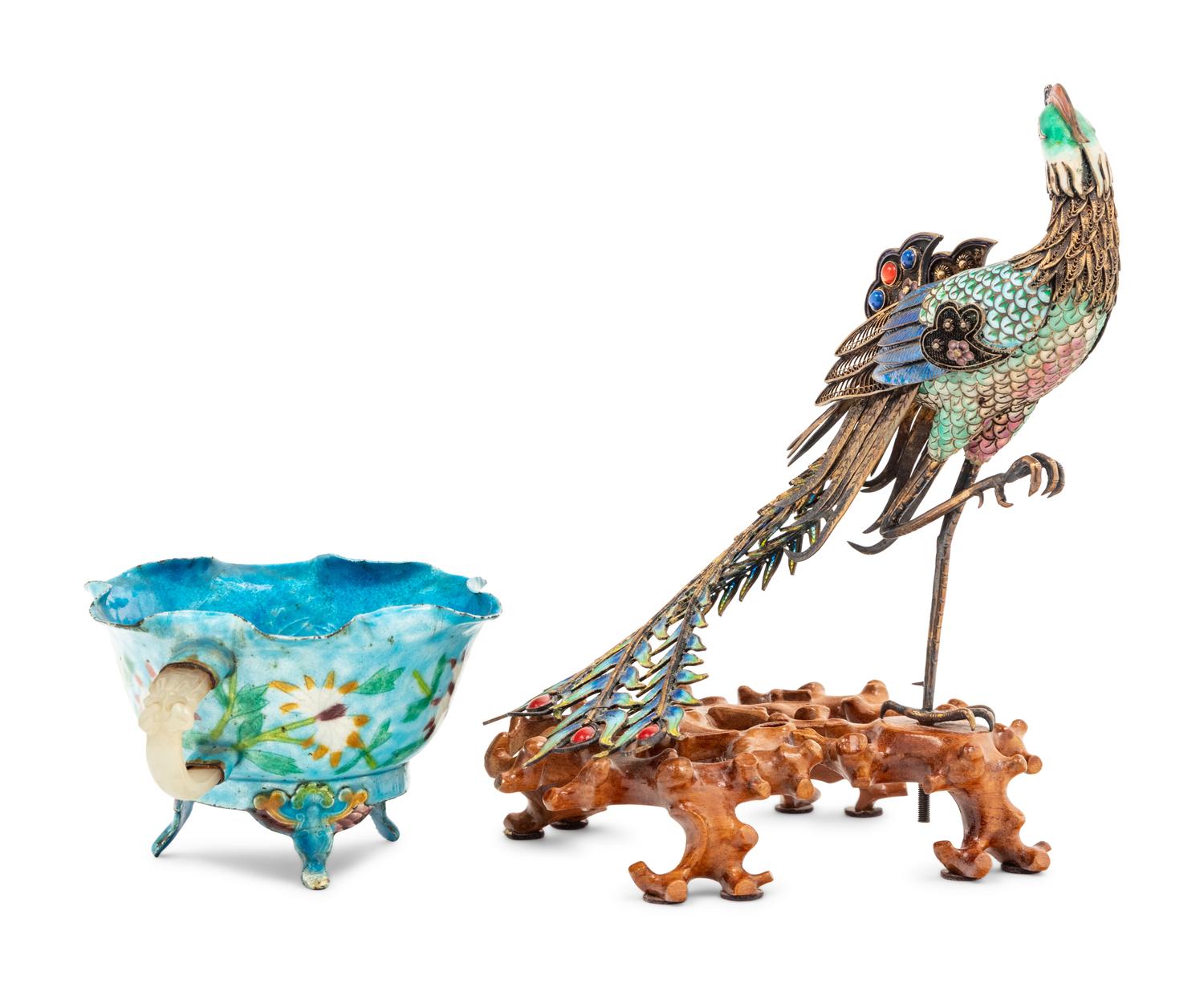 A Chinese Export Enamel on Silver Figure of a Phoenix and A Enamel on Copper Bowl