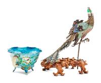 A Chinese Export Enamel on Silver Figure of a Phoenix and A Enamel on Copper Bowl