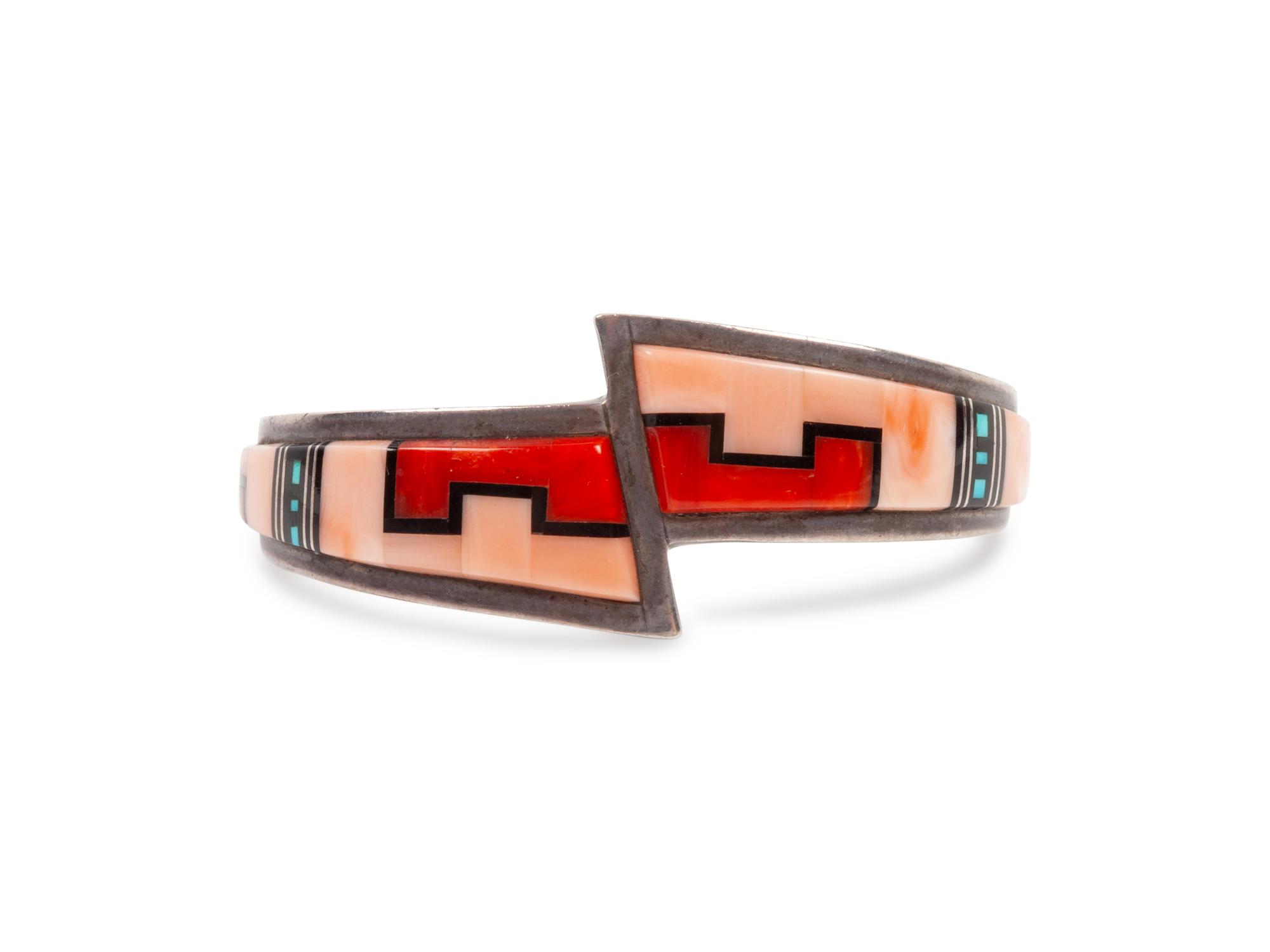 Silver Cuff Bracelet, with Mosaic Inlay Coral, Turquoise, and Jet