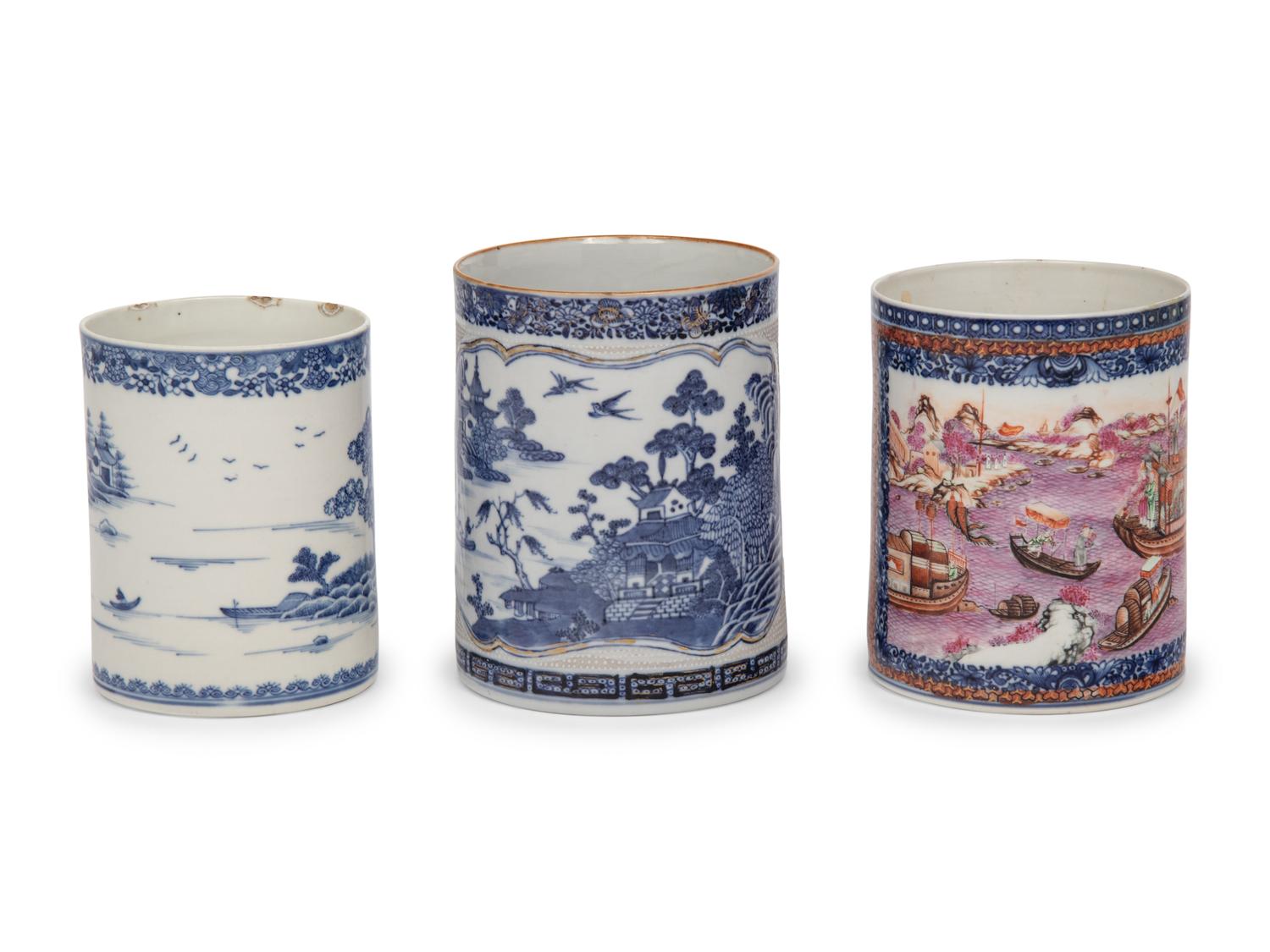 Three Oversized Chinese Export Porcelain Mugs