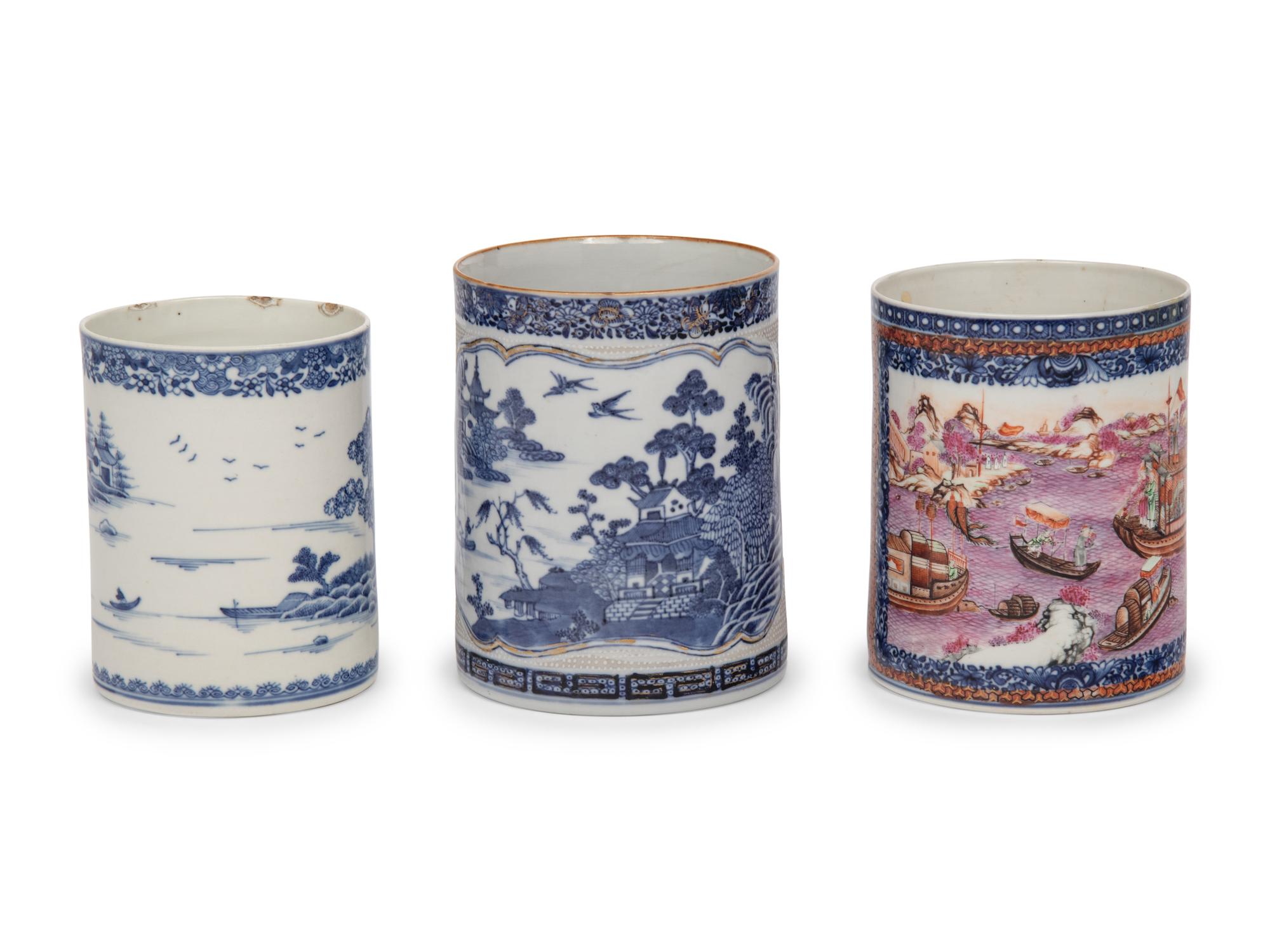 Three Oversized Chinese Export Porcelain Mugs