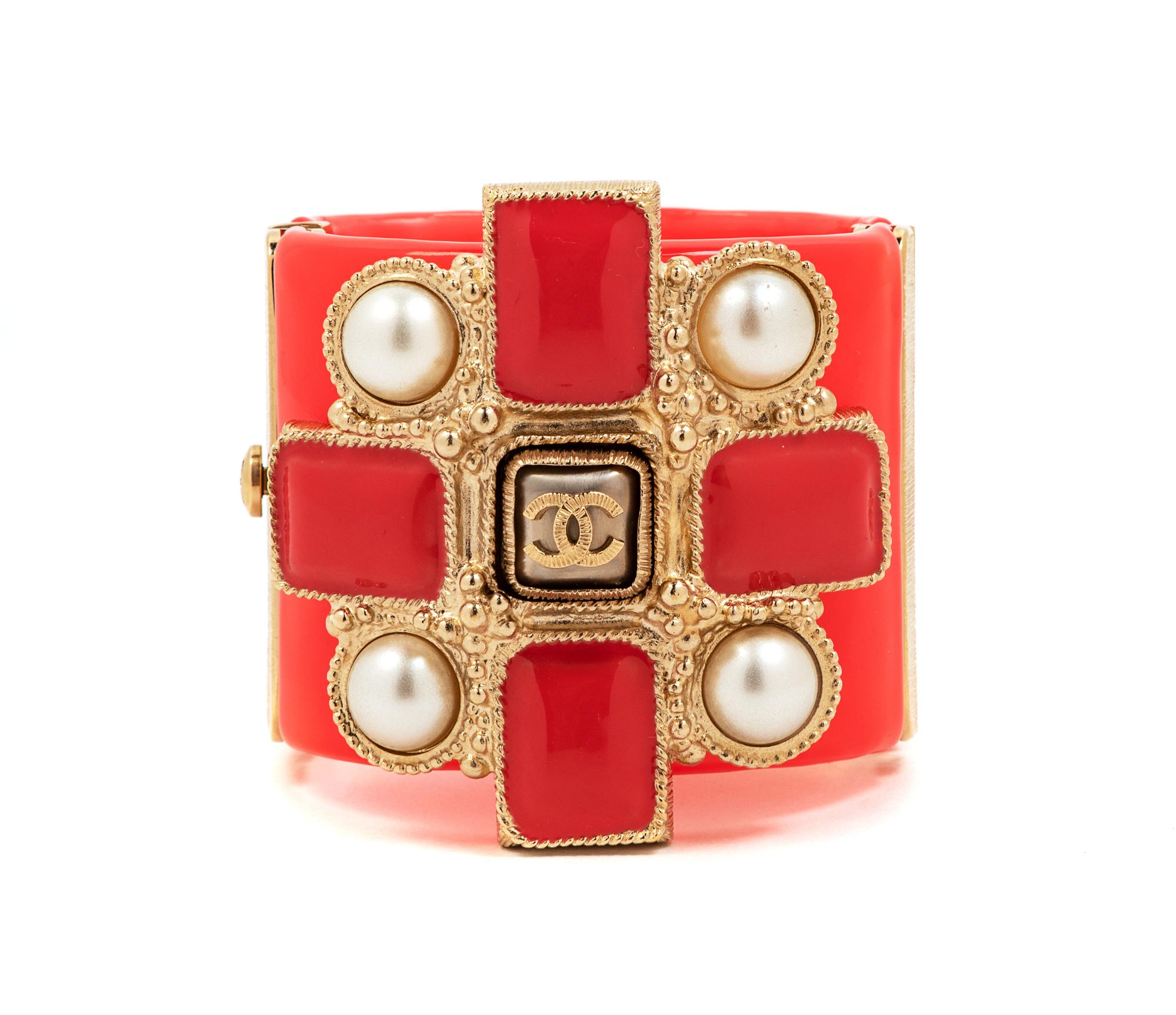 Chanel Pink Lucite Maltese Cross Wide Cuff Bracelet, 2013 Width: 2"