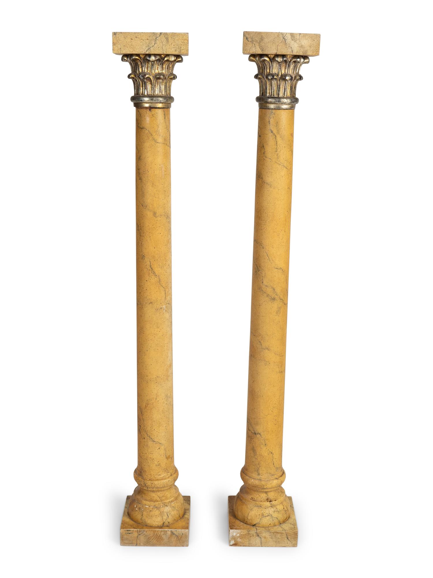 A Pair of Neoclassical Style Parcel-Gilt and Faux Marbre Small Pedestals