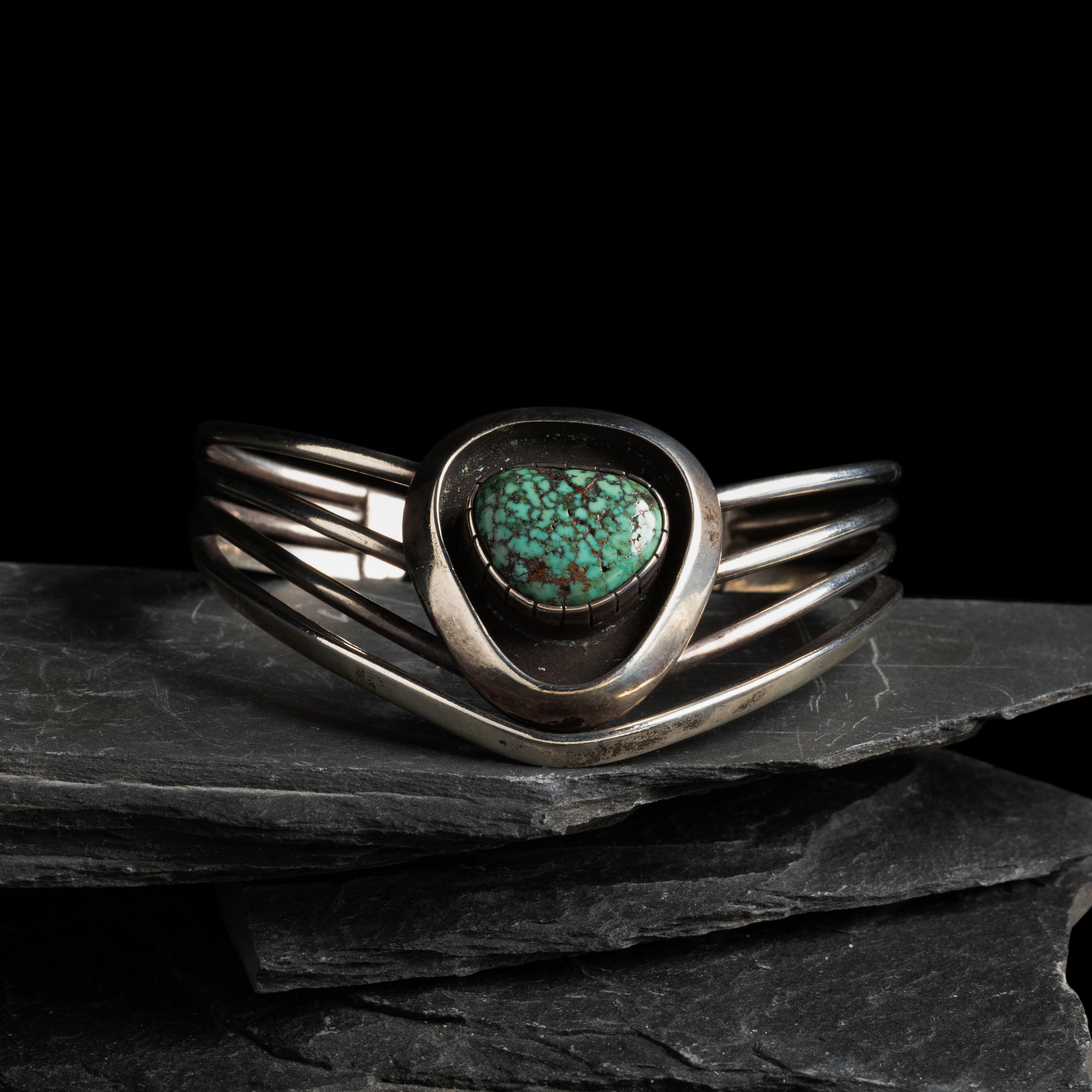 James Little (Diné, b. 1947) — Sterling Silver and Turquoise Chevron Cuff Bracelet