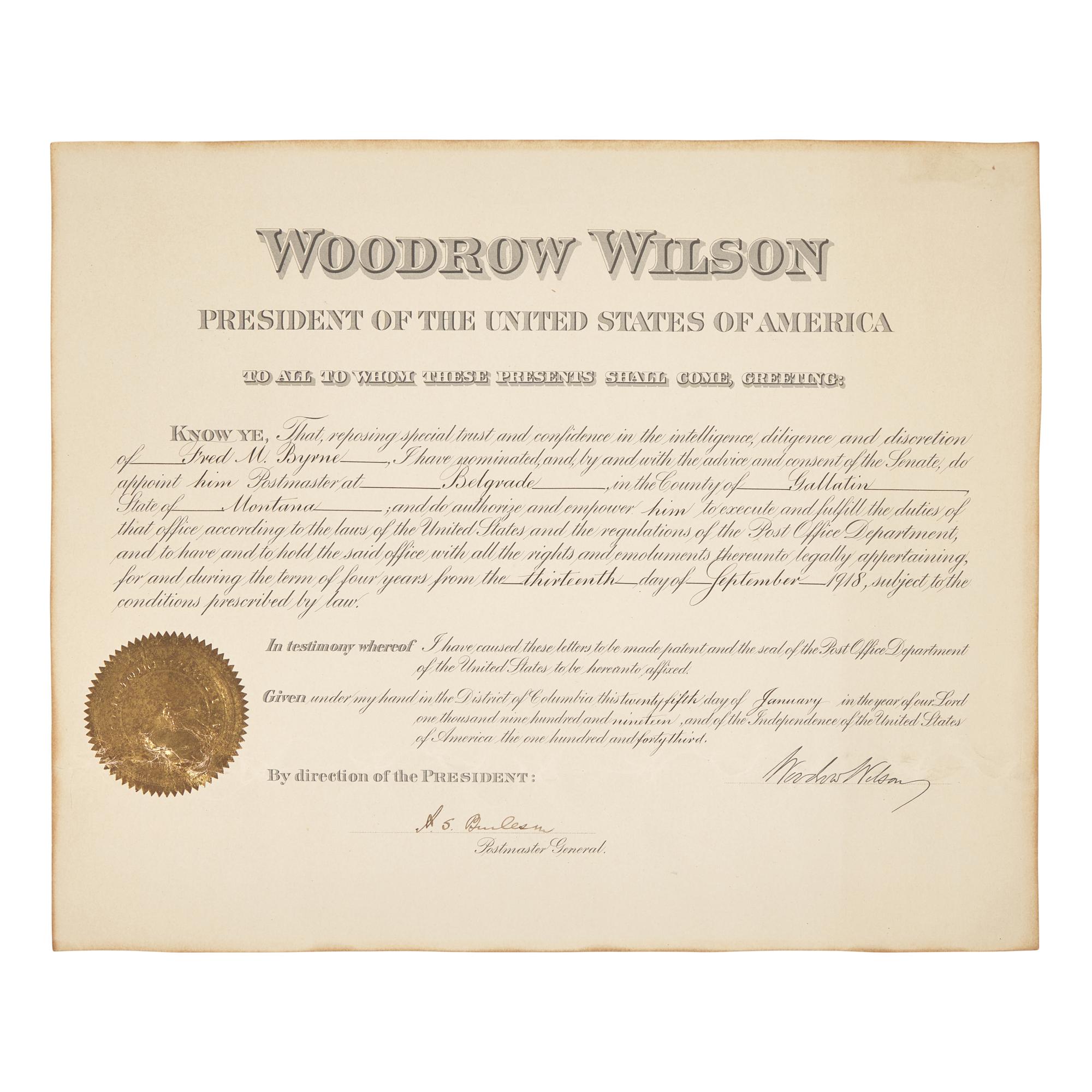 [Presidential] Wilson, Woodrow. Signed postal commission