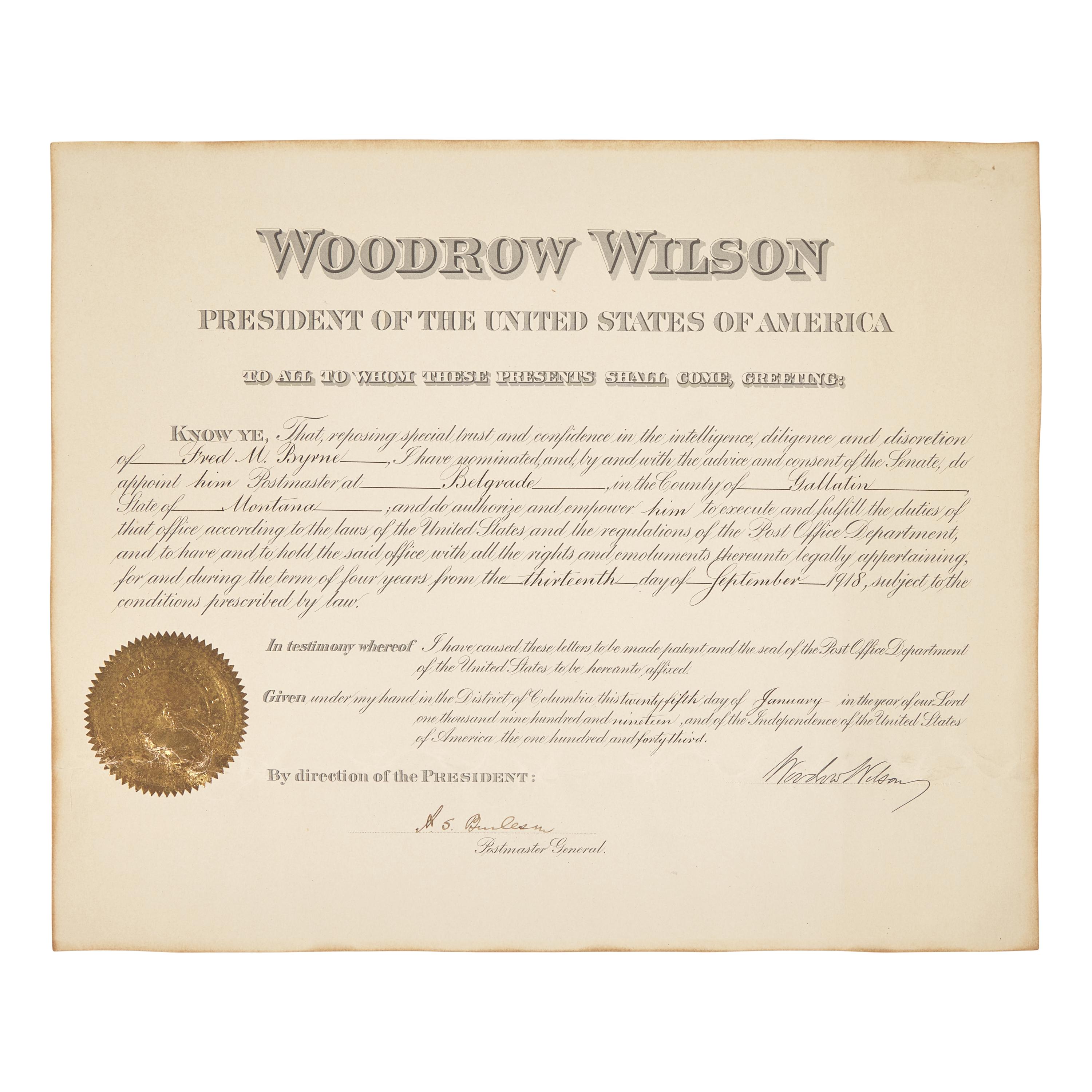 [Presidential] Wilson, Woodrow. Signed postal commission