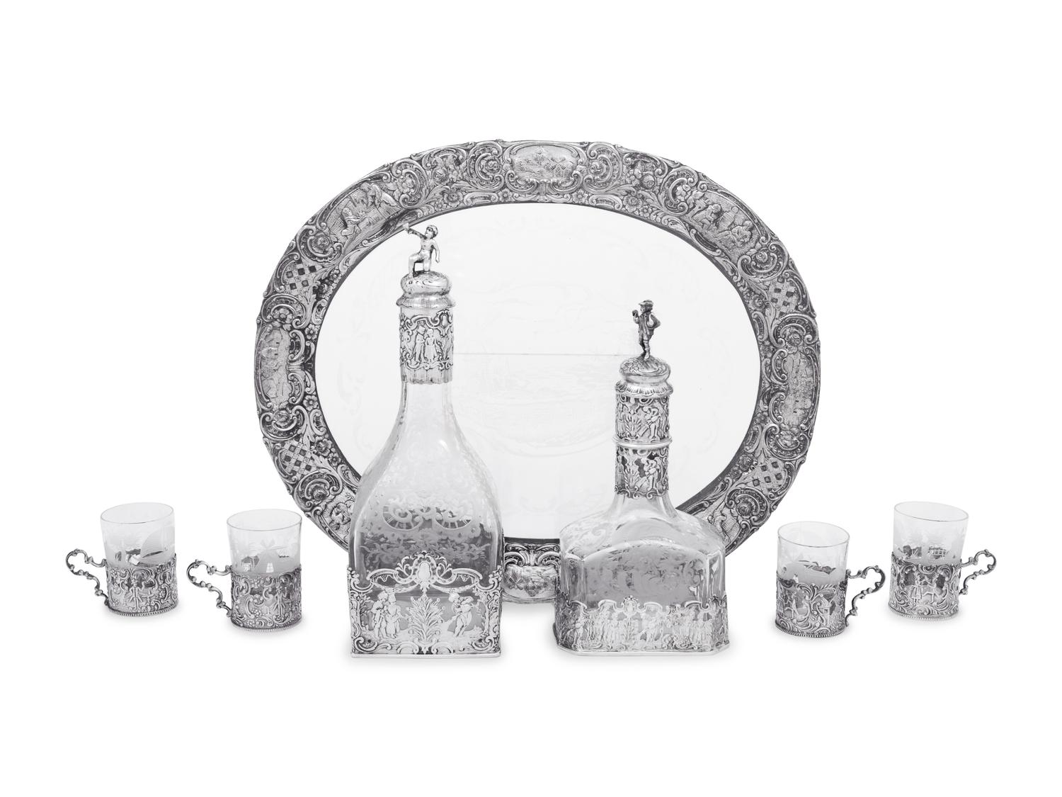 A Continental Silver Mounted Etched Glass Drink Service