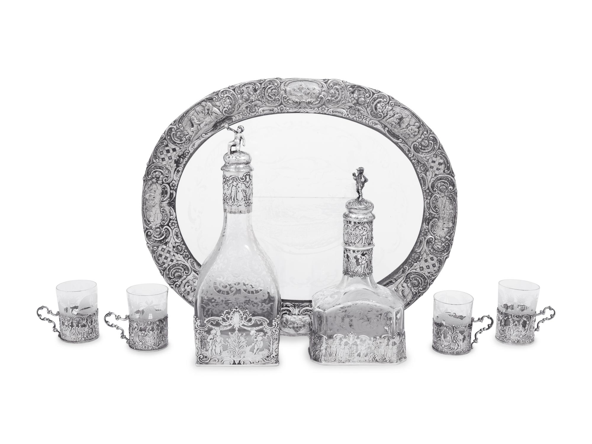 A Continental Silver Mounted Etched Glass Drink Service