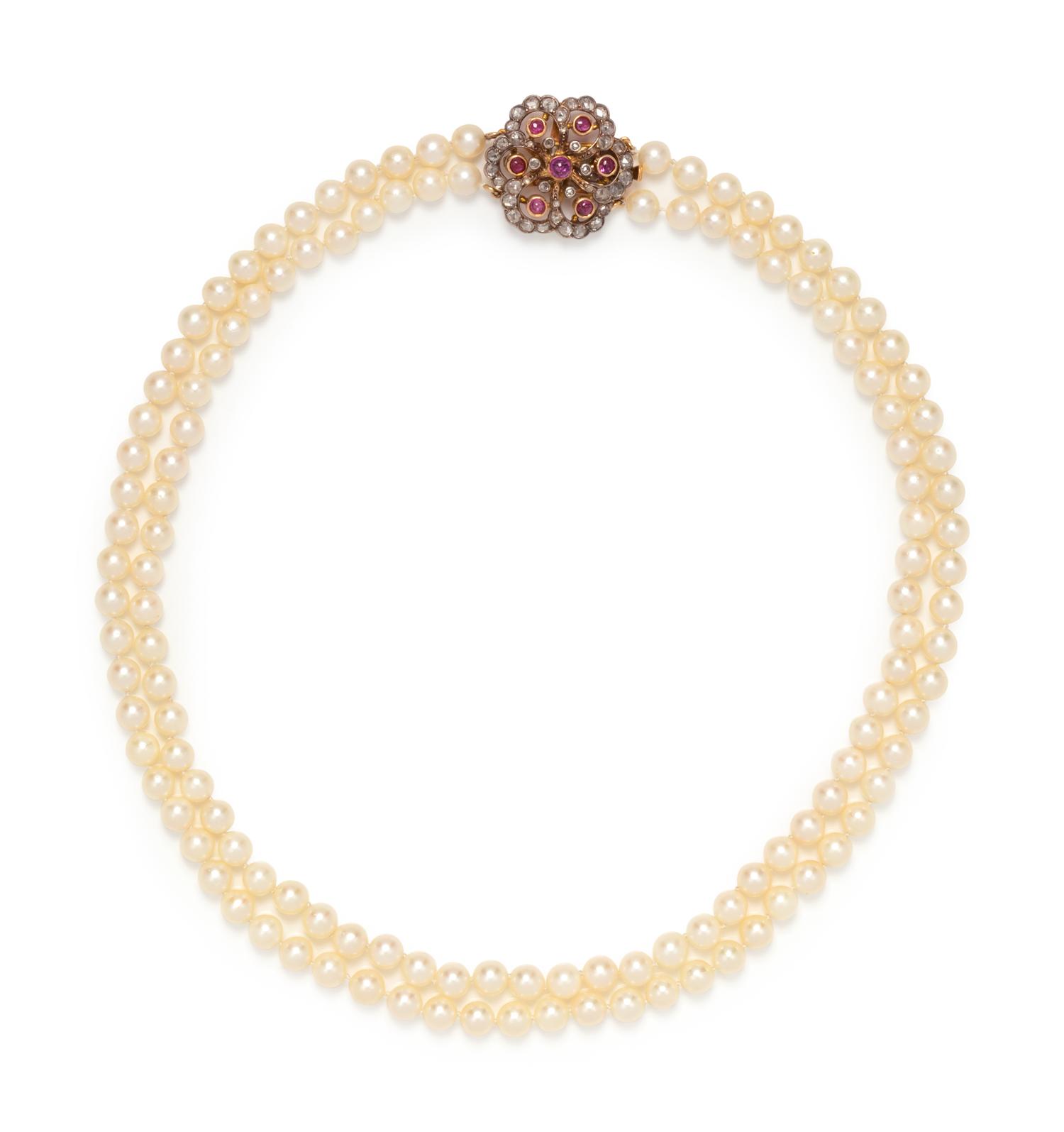 CULTURED PEARL, RUBY AND DIAMOND NECKLACE
