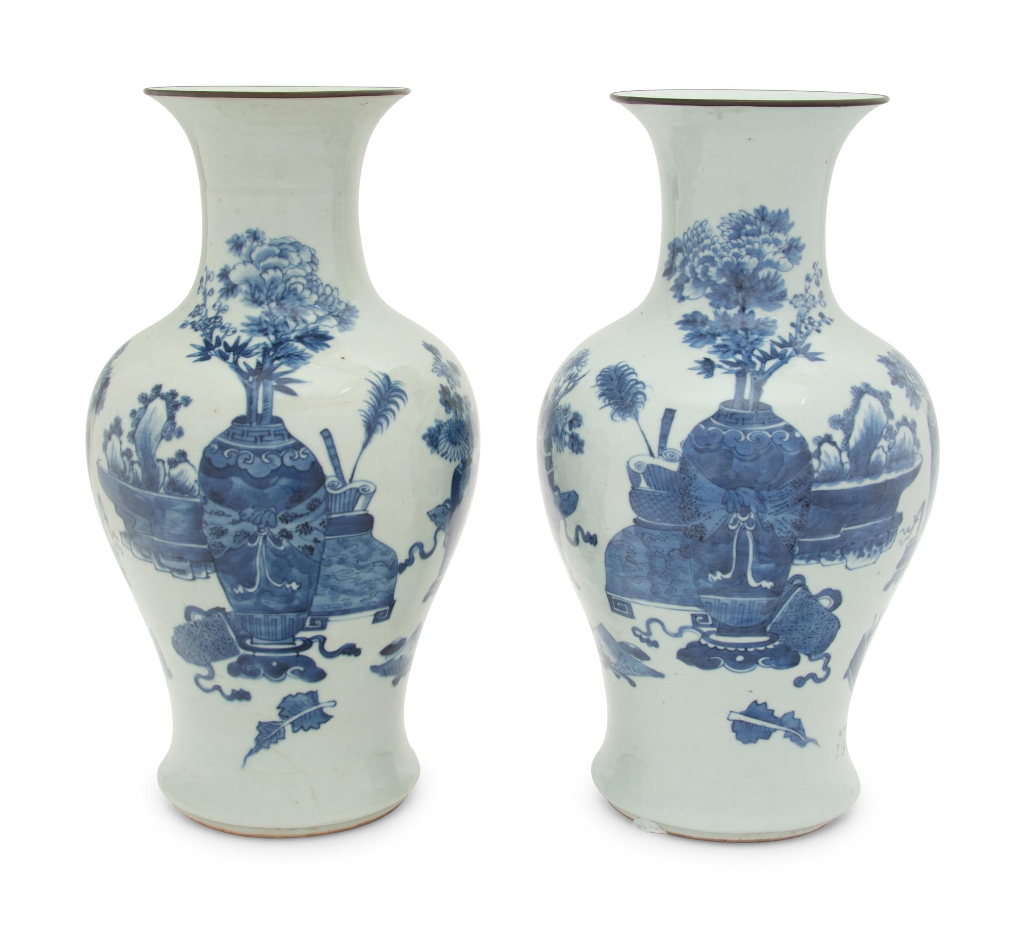 A Pair of Chinese Blue and White Porcelain 'Bogu' Vases