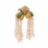 Jade, Diamond, and Cultured Pearl Brooch