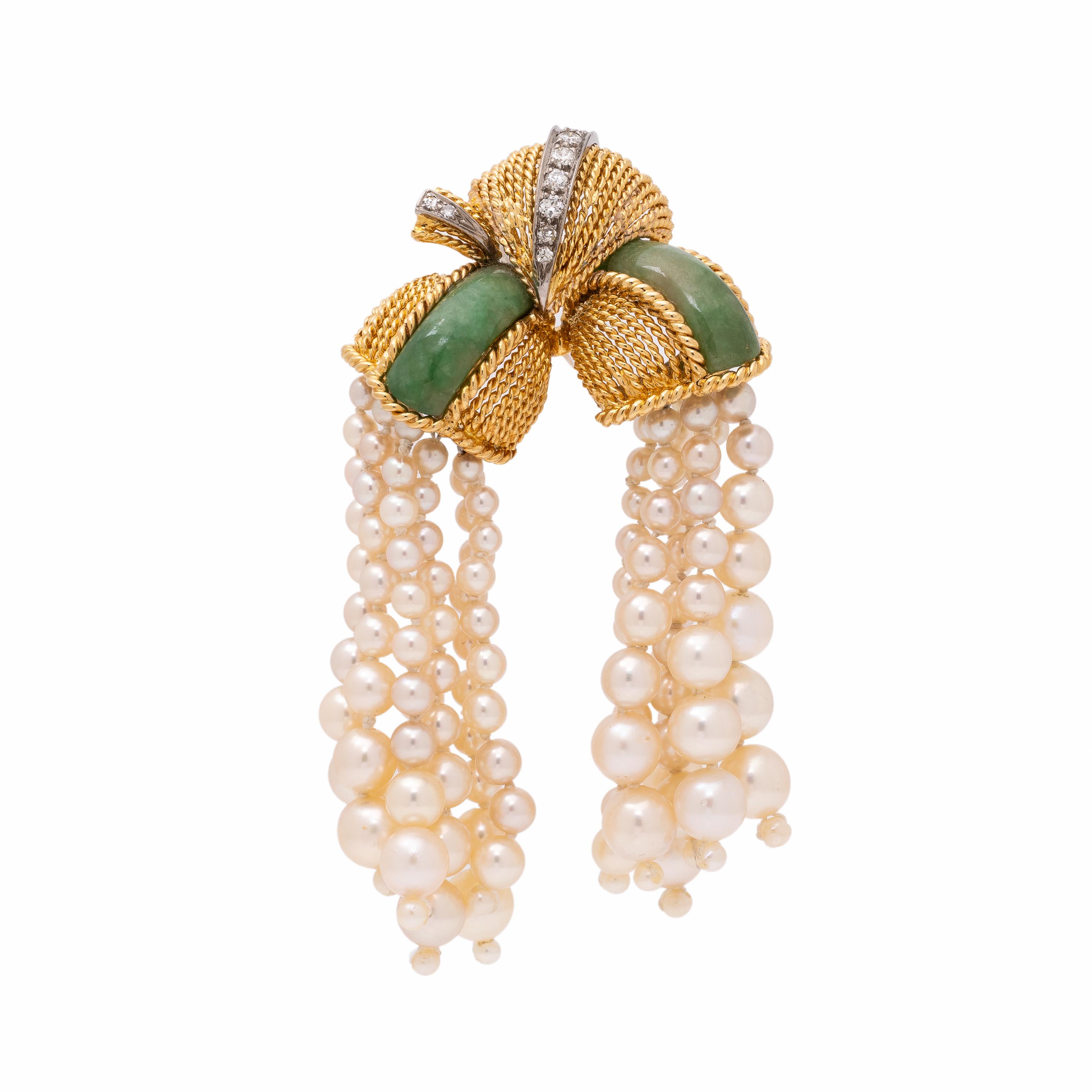 Jade, Diamond, and Cultured Pearl Brooch
