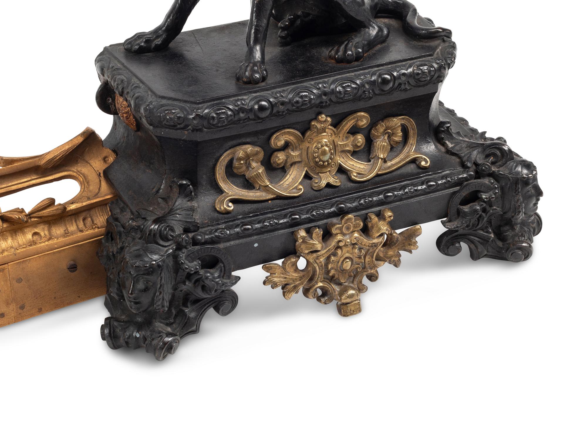 A Gilt and Patinated Bronze Fire Fender with Dog-Form Chenets