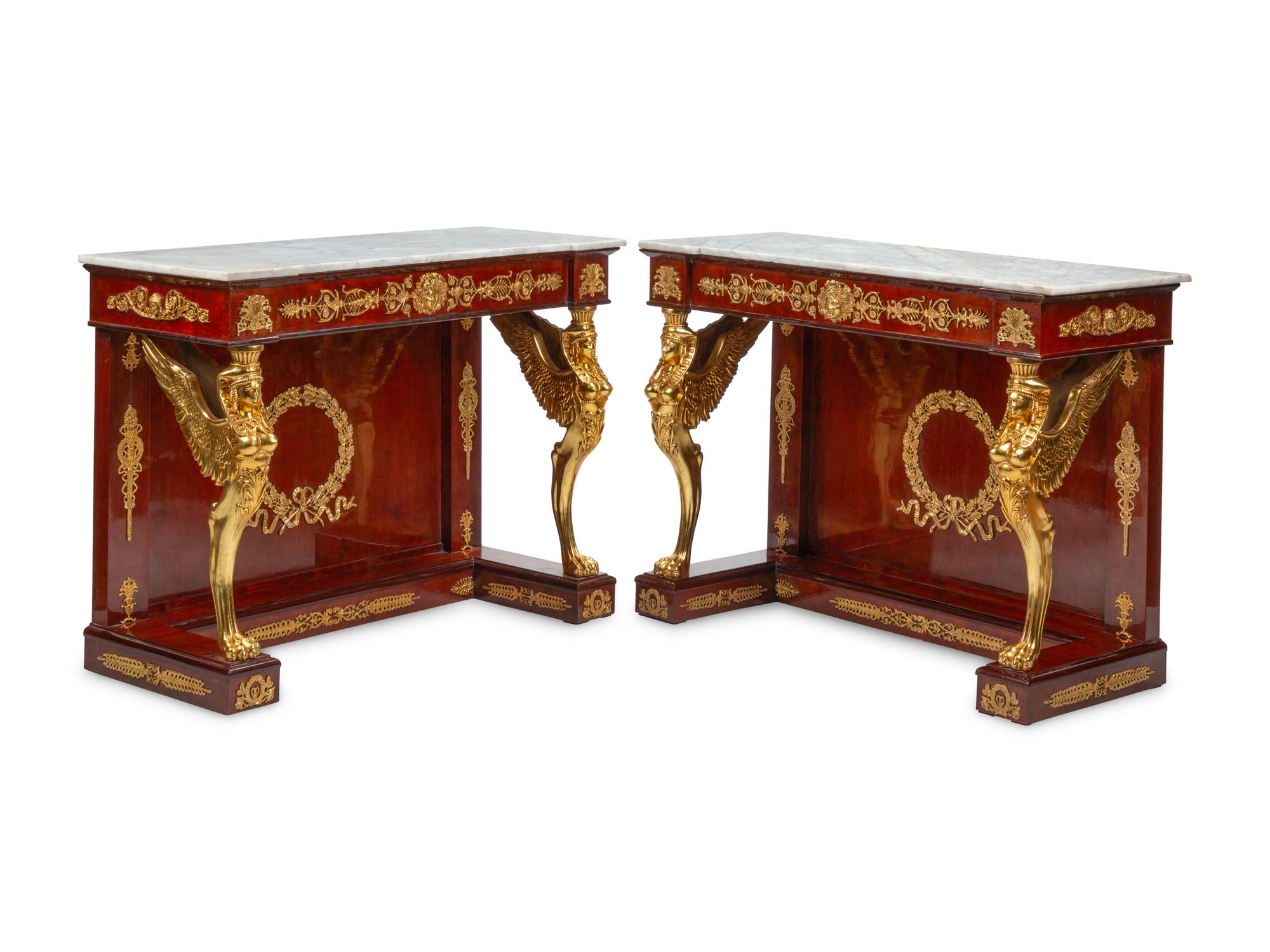 A Pair of Empire Style Gilt Metal Mounted Walnut Marble-Top Pier Tables