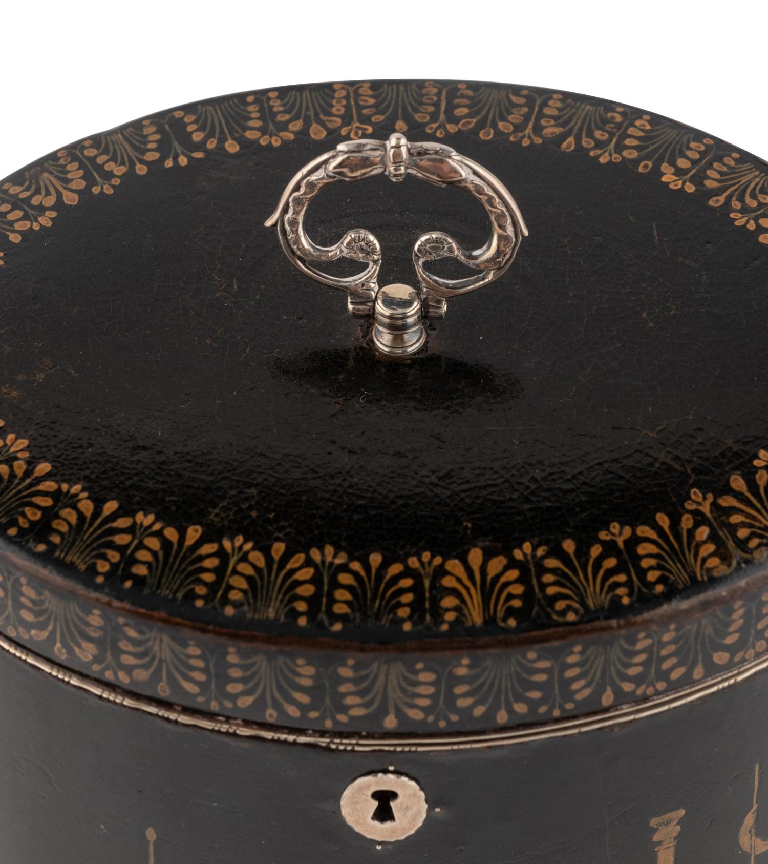 An English Ebonized and Pen-Work Decorated Tea Caddy