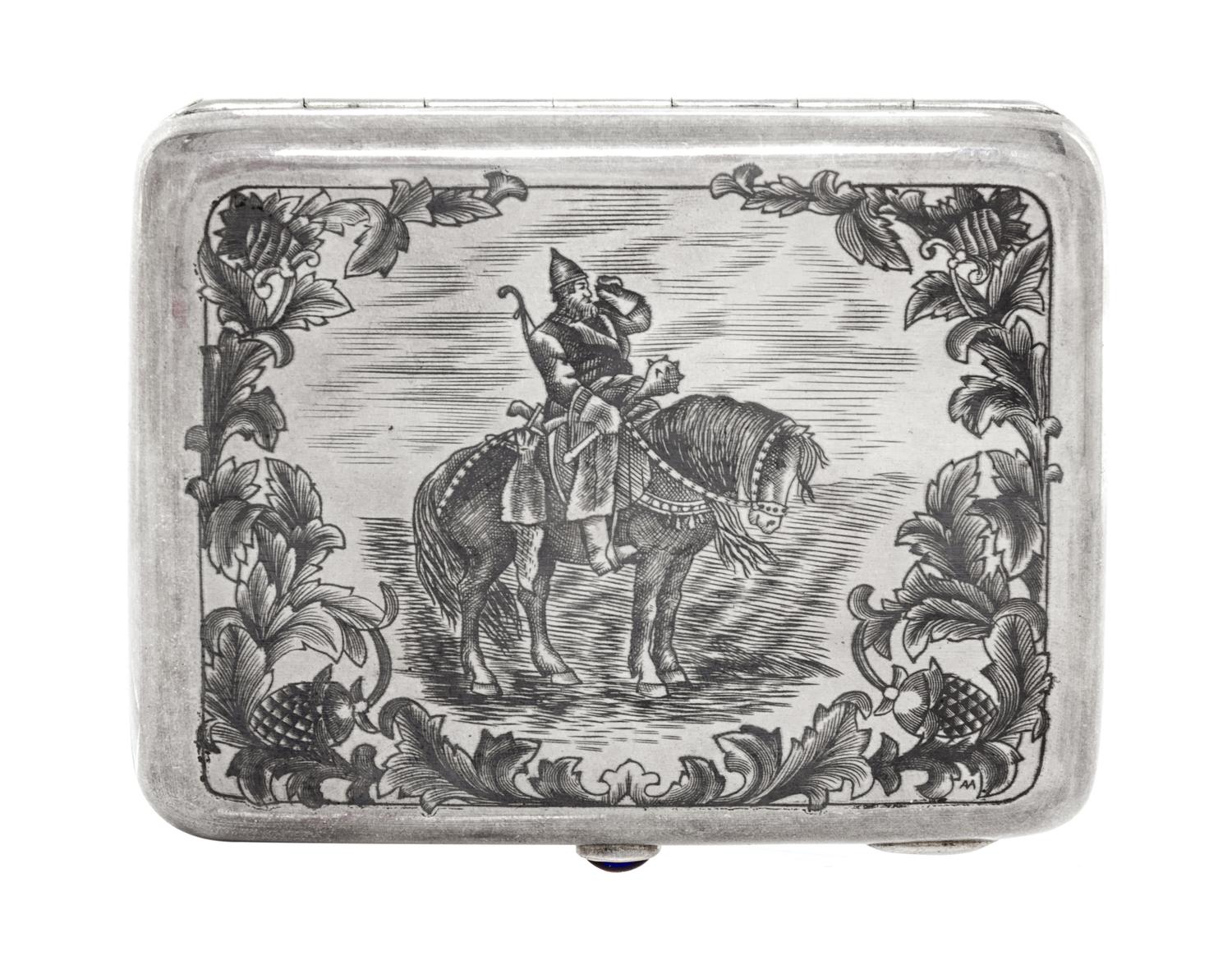 A Russian Niello Silver Cigarette Case, Maker's mark Cyrillic AMYu4, Moscow, 20th century, the case decorated with an image of Ilya Mur