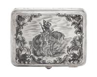 A Russian Niello Silver Cigarette Case, Maker's mark Cyrillic AMYu4, Moscow, 20th century, the case decorated with an image of Ilya Mur