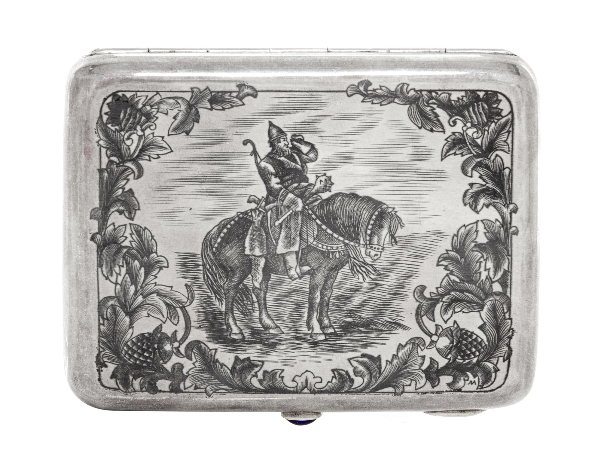 A Russian Niello Silver Cigarette Case, Maker's mark Cyrillic AMYu4, Moscow, 20th century, the case decorated with an image of Ilya Mur