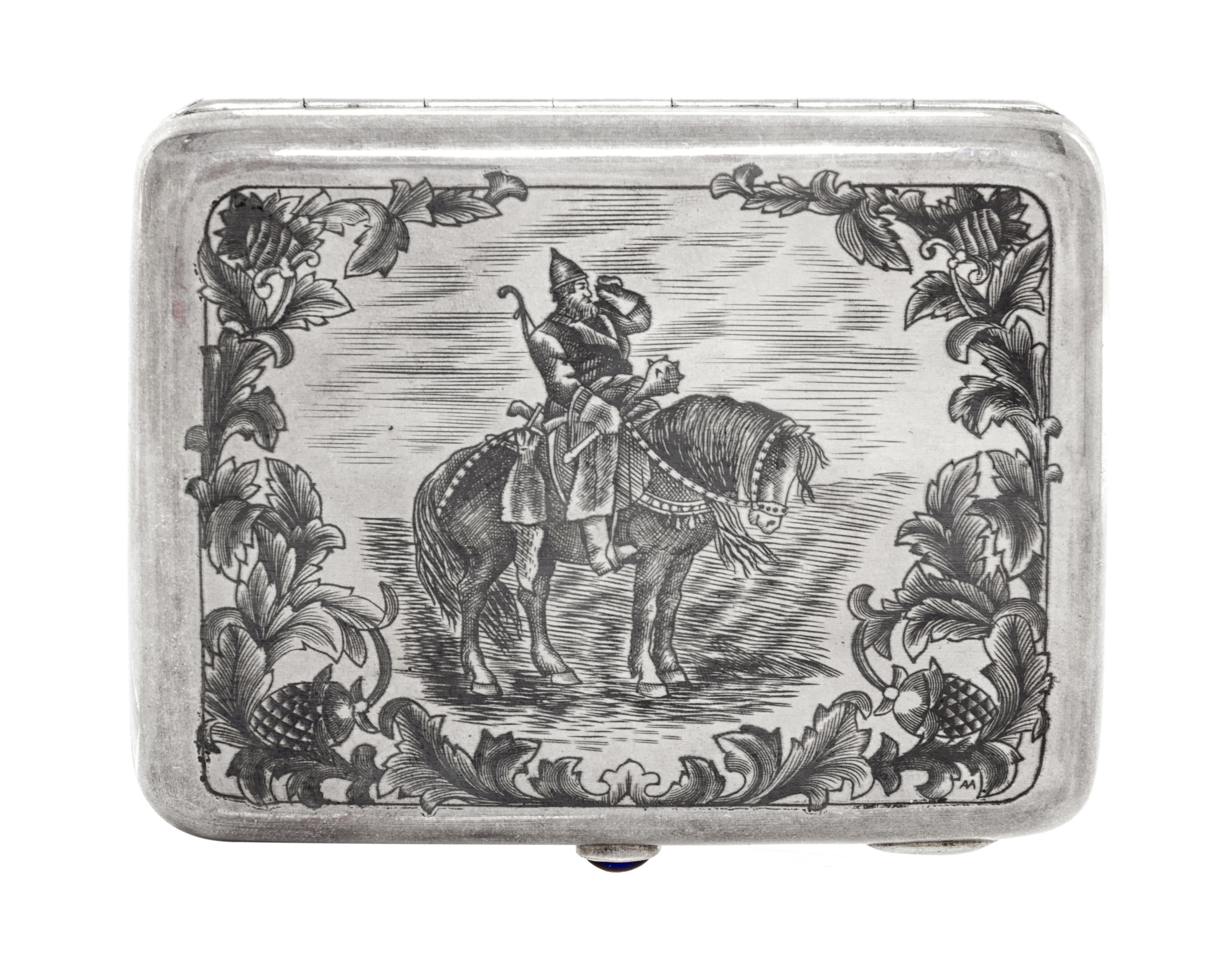 A Russian Niello Silver Cigarette Case, Maker's mark Cyrillic AMYu4, Moscow, 20th century, the case decorated with an image of Ilya Mur