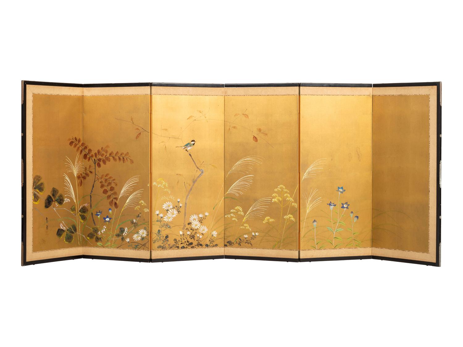 A Japanese Gilt and Polychrome Decorated Six-Panel Table Screen
