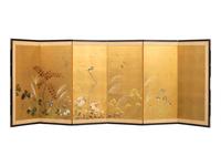 A Japanese Gilt and Polychrome Decorated Six-Panel Table Screen