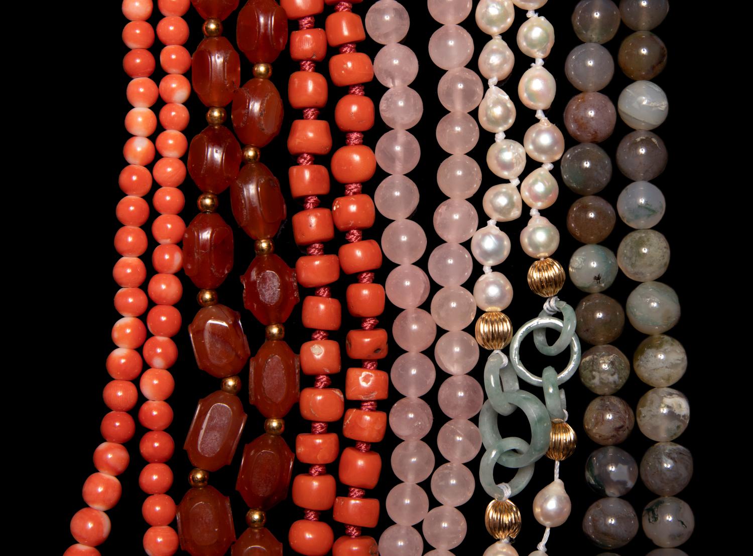 Six Chinese Gemstone and Hardstone Beaded Necklaces