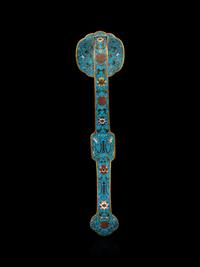 A Chinese Hardstone Inset Cloisonné Enamel Ruyi Scepter