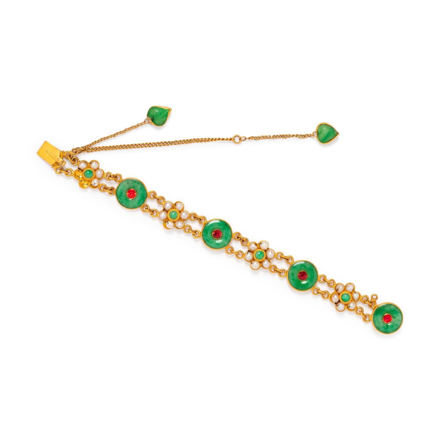 HIGH KARAT GOLD, JADE AND CULTURED PEARL BRACELET