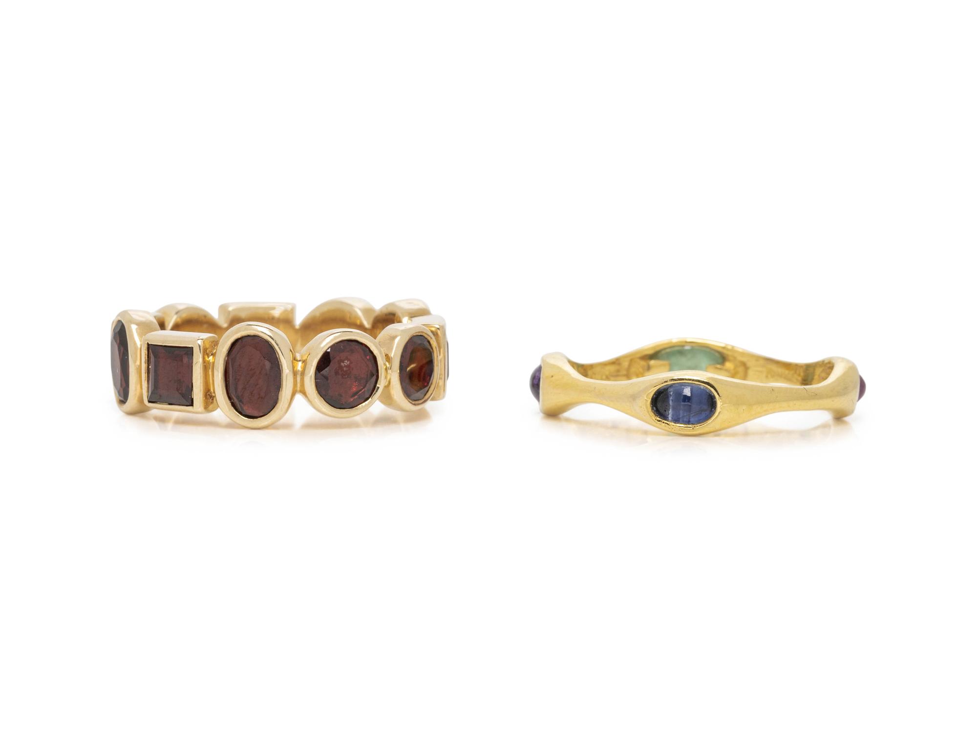 PAIR OF YELLOW GOLD AND GEMSTONE BANDS