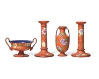 Four Wedgwood Enamel-Decorated Rosso Antico Table Articles