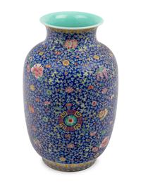 A Chinese Blue Ground Famille Rose Porcelain Baluster Vase