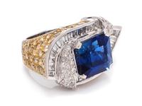 SAPPHIRE, COLORED DIAMOND AND DIAMOND RING