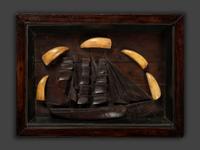 A Carved Wood and Sperm Whale Tooth Whaling Ship Diorama