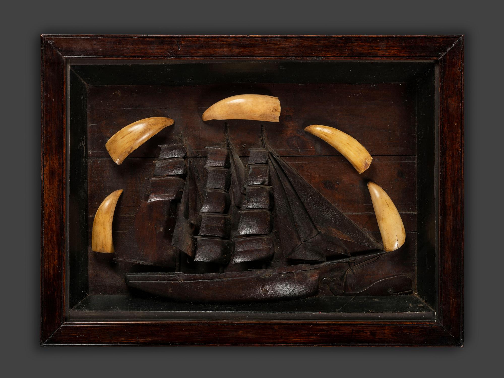 A Carved Wood and Sperm Whale Tooth Whaling Ship Diorama