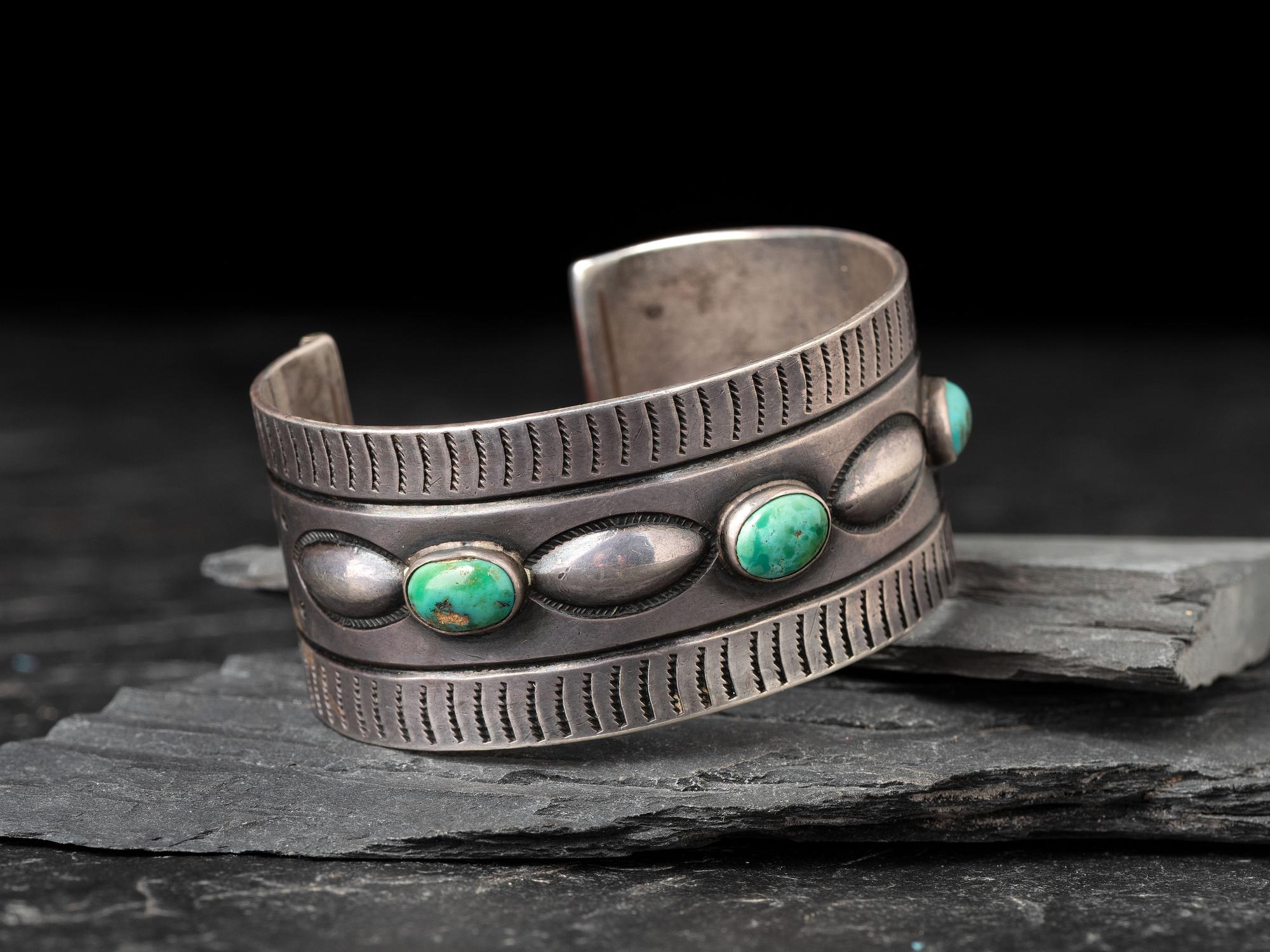 Navajo Ingot and Turquoise Cuff Bracelet