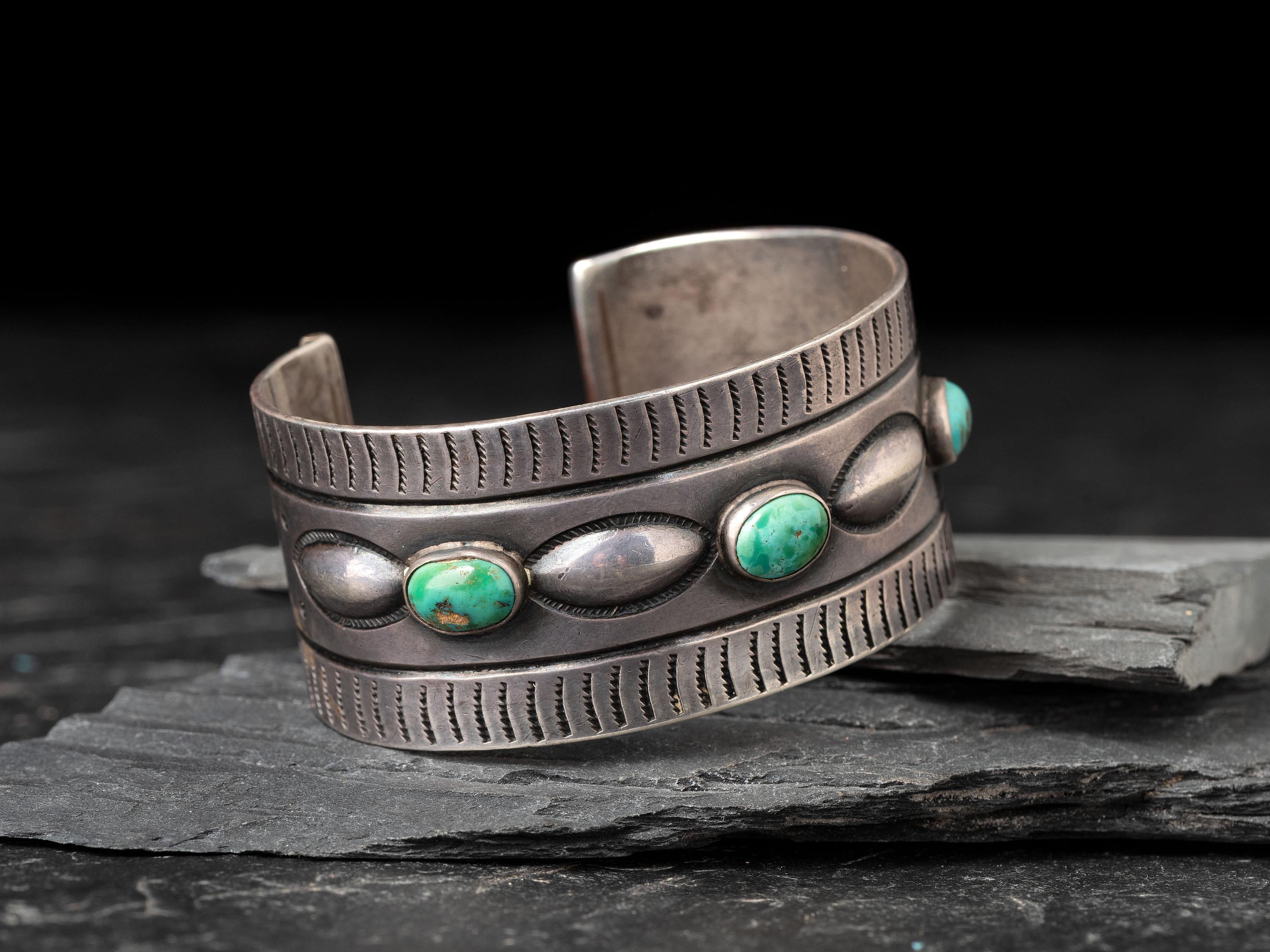 Navajo Ingot and Turquoise Cuff Bracelet