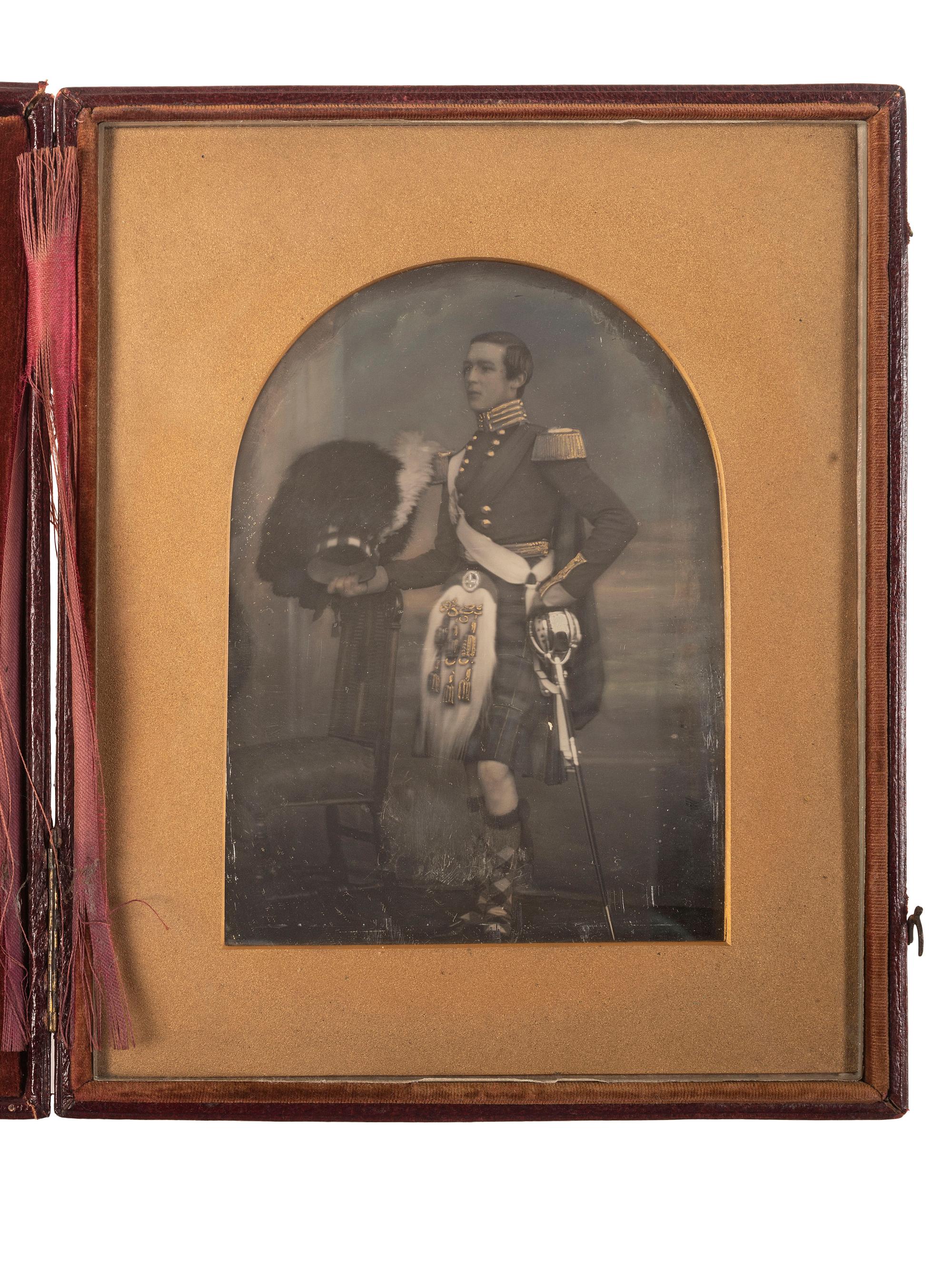 [EARLY PHOTOGRAPHY]. Full plate daguerreotype portrait of a Scottish junior officer, possibly from the 92nd Gordon Highlanders. Ca 1850.