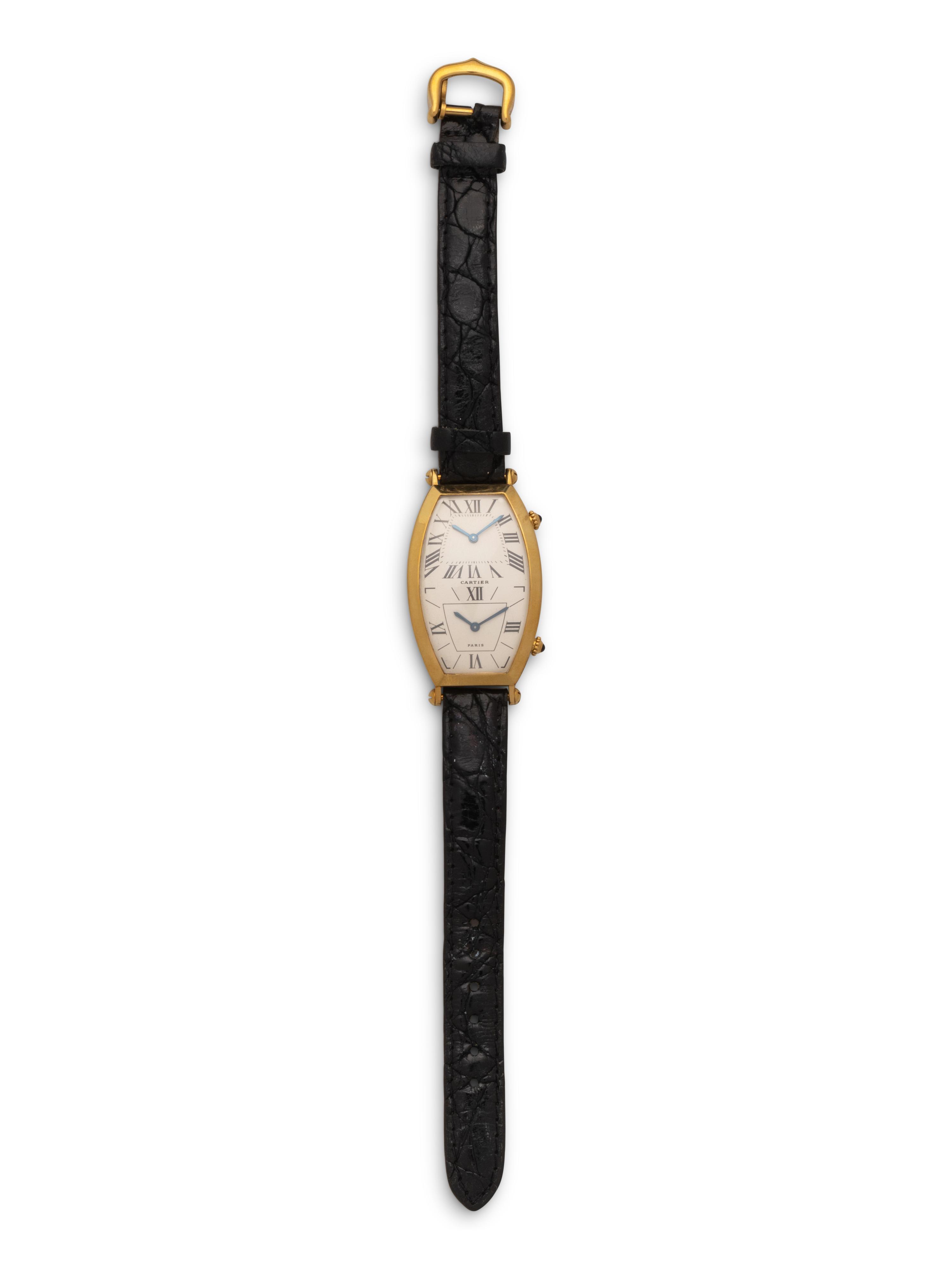CARTIER, 18K YELLOW GOLD DUAL-TIME 'TONNEAU' WATCH