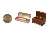 An American Silver Cigarette Box and a Teakwood Presentation Box from the H.M.S. Illustrious