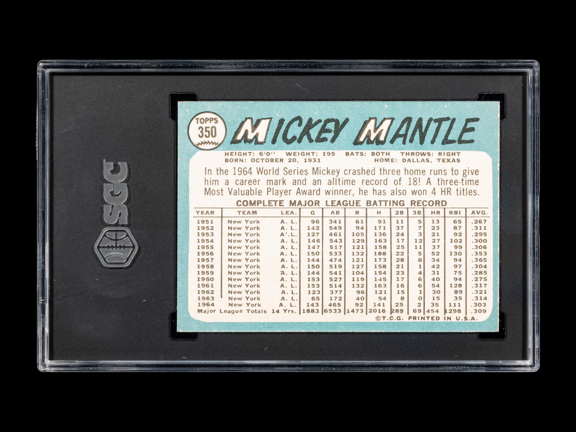 A 1965 Topps Mickey Mantle Baseball Card No. 350 (SGC 6 EX/NM)