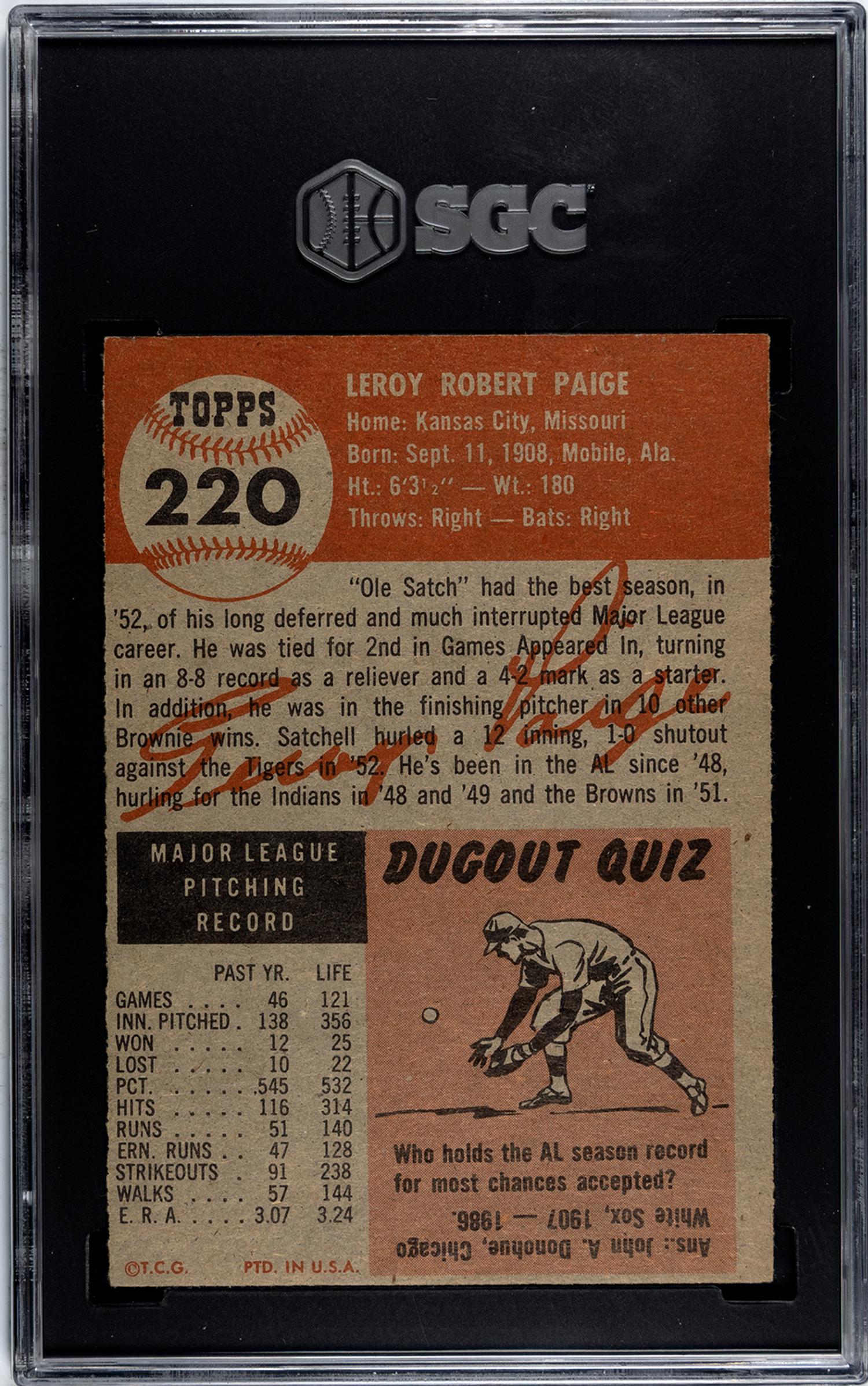 A 1953 Topps Satchel Paige Baseball Card No. 220 (SGC 4.5 VG/EX+)