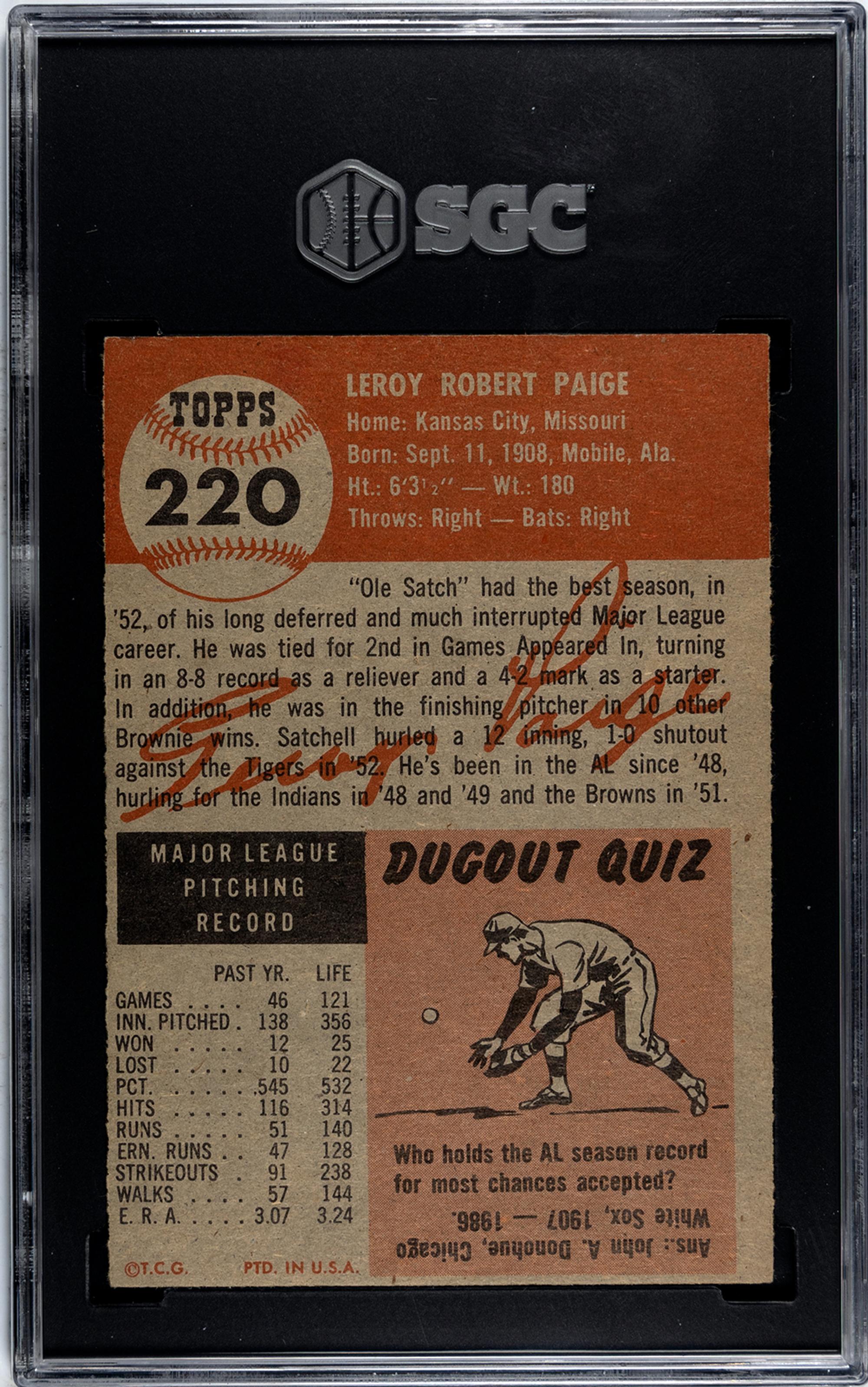 A 1953 Topps Satchel Paige Baseball Card No. 220 (SGC 4.5 VG/EX+)