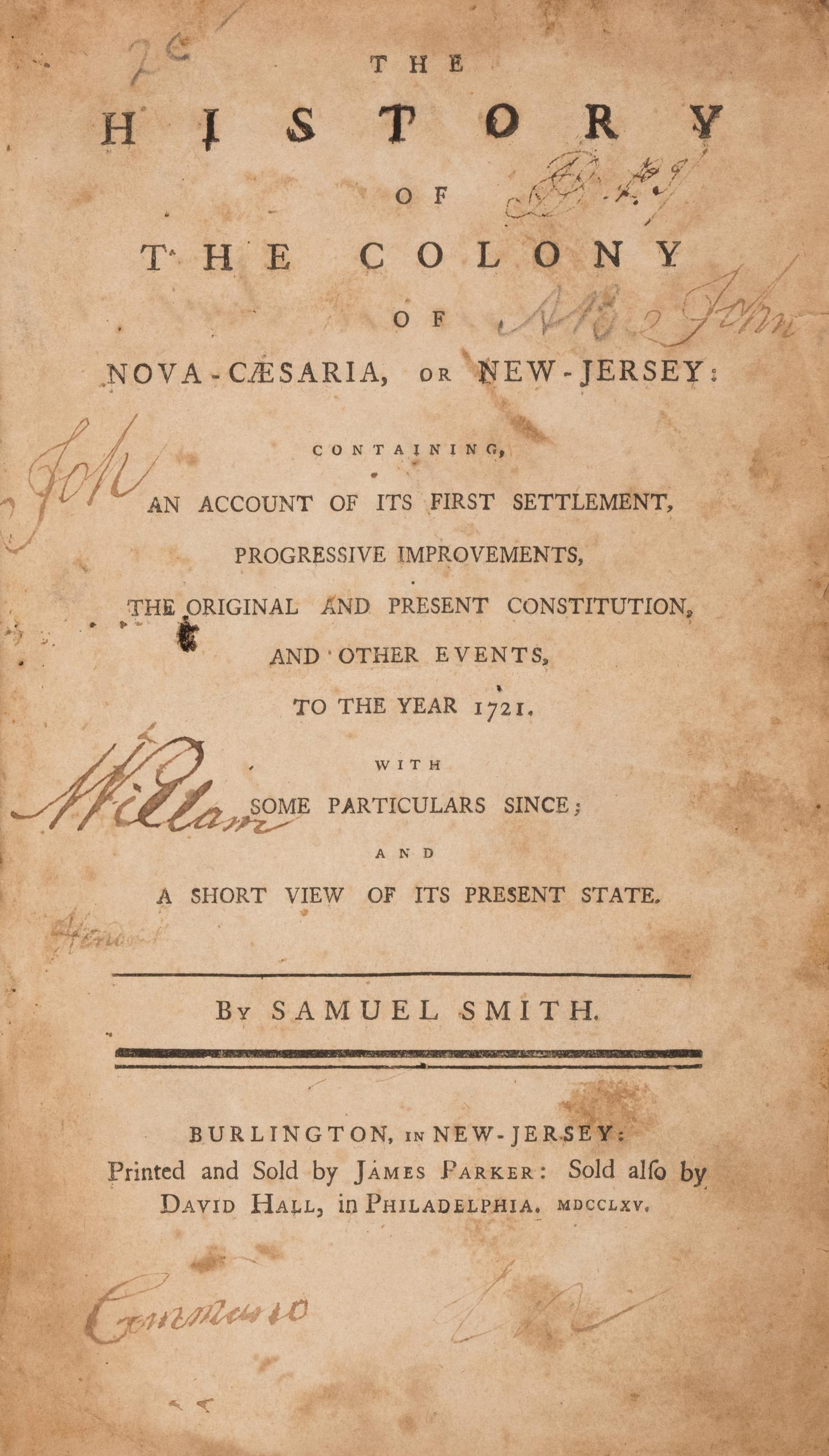 [Americana] Smith, Samuel. The History of the Colony of Nova-Caesaria, or New Jersey